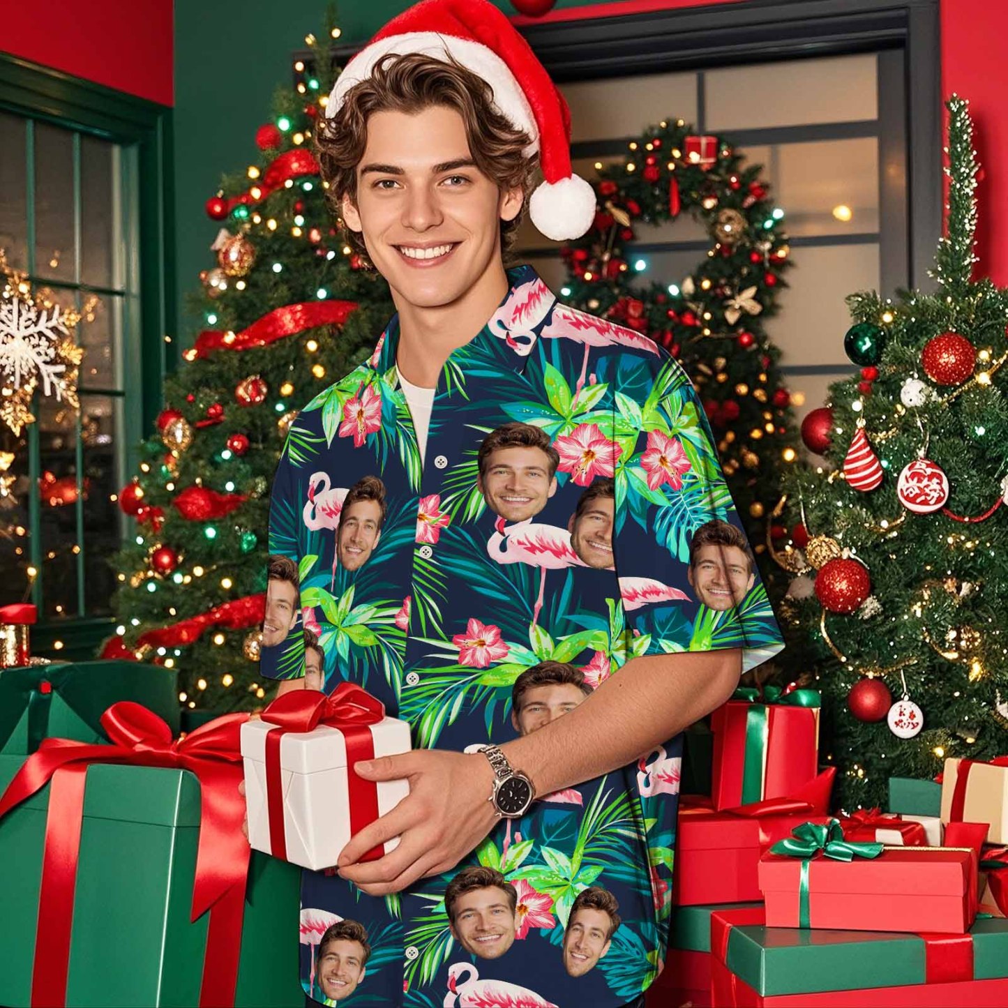 Custom Face Shirt Men's Hawaiian Shirt Flamingo Flower Put Face on Your Shirt Christmas Gift