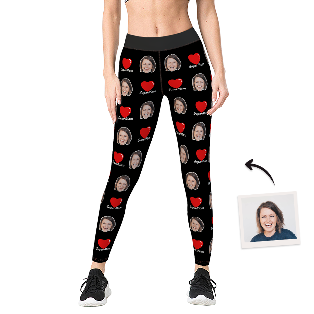 Women's Yoga gym pants Custom Face Leggings - Super Mom Heart