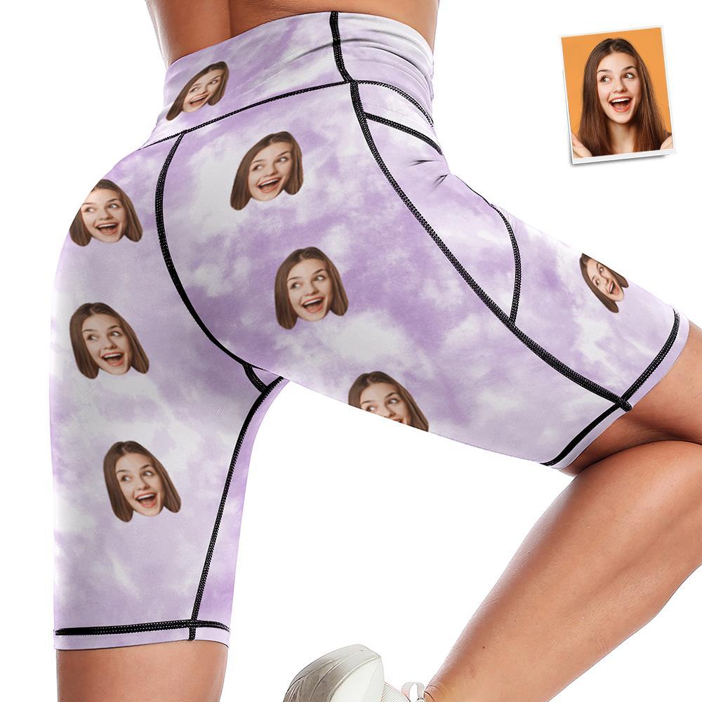 Custom Face Knee Length Tights Women's Yoga Shorts Running Leggings with Pockets - Light Purple Tie dye