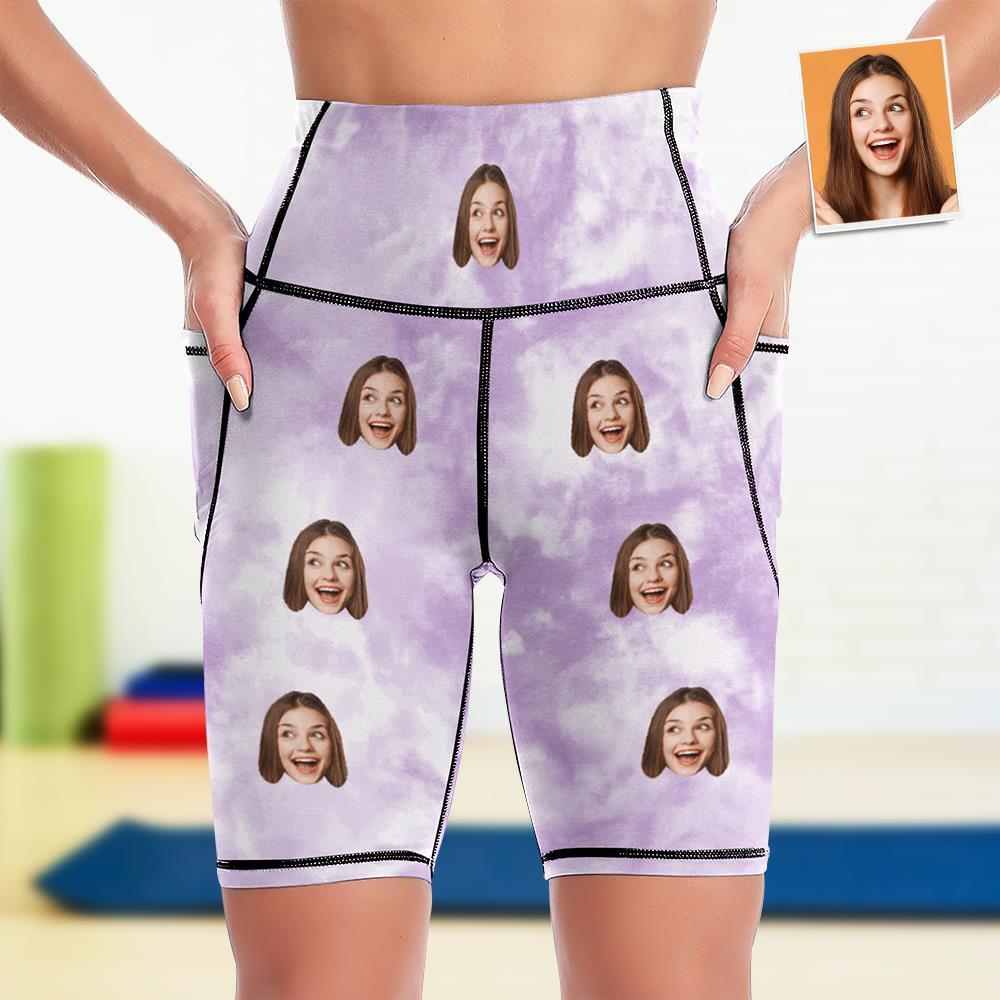 Custom Face Knee Length Tights Women's Yoga Shorts Running Leggings with Pockets - Light Purple Tie dye