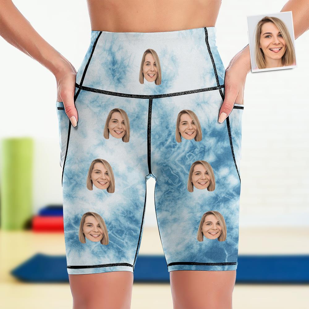 Custom Face Knee Length Tights Women's Yoga Shorts Running Leggings with Pockets - Blue Tie Dye