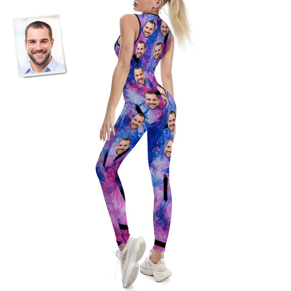 Custom Face Women's Yoga Jumpsuit Stretch Yoga Gym Fitness Dancing Costume - Blue Tie-dye