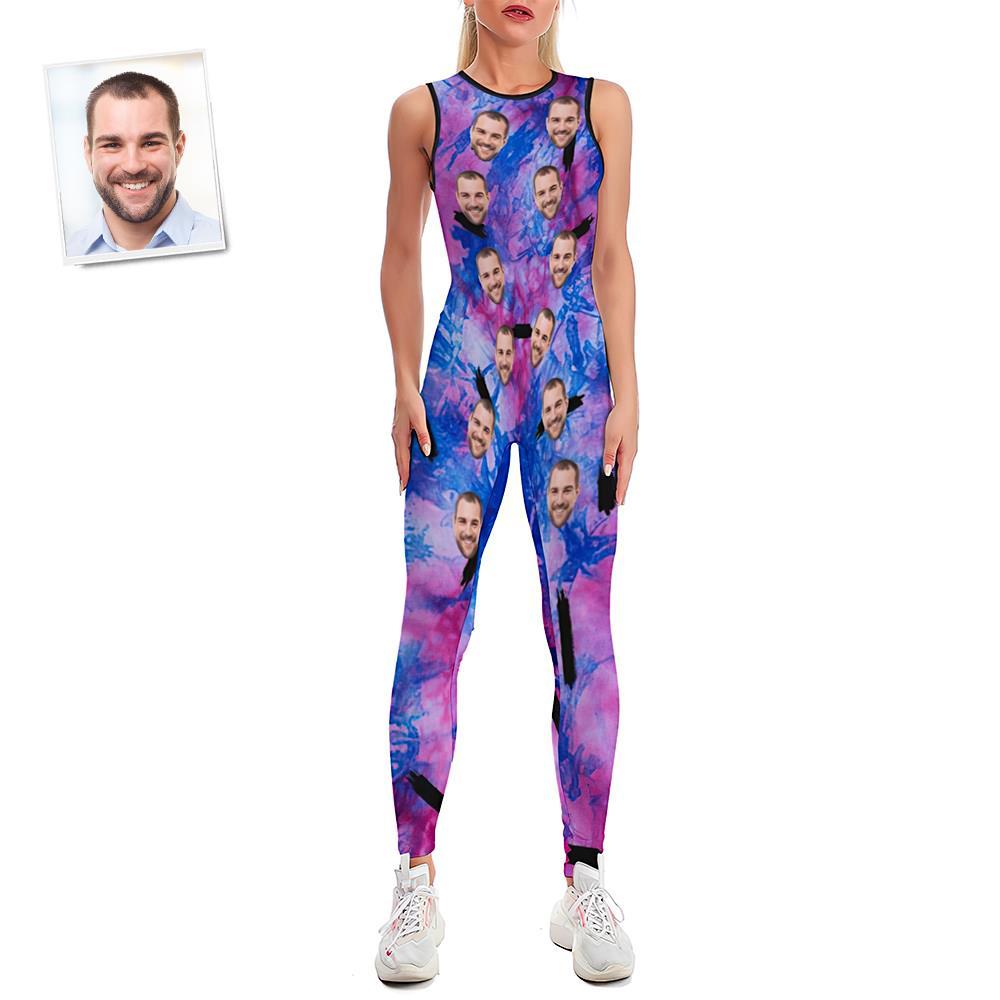 Custom Face Women's Yoga Jumpsuit Stretch Yoga Gym Fitness Dancing Costume - Blue Tie-dye