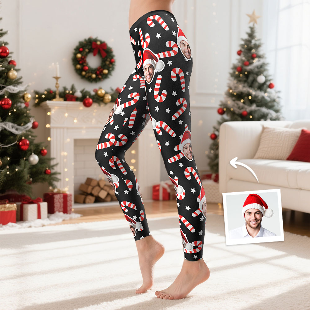 Custom Face Leggings Christmas Cane Face Leggings Yoga Pants Christmas Gift