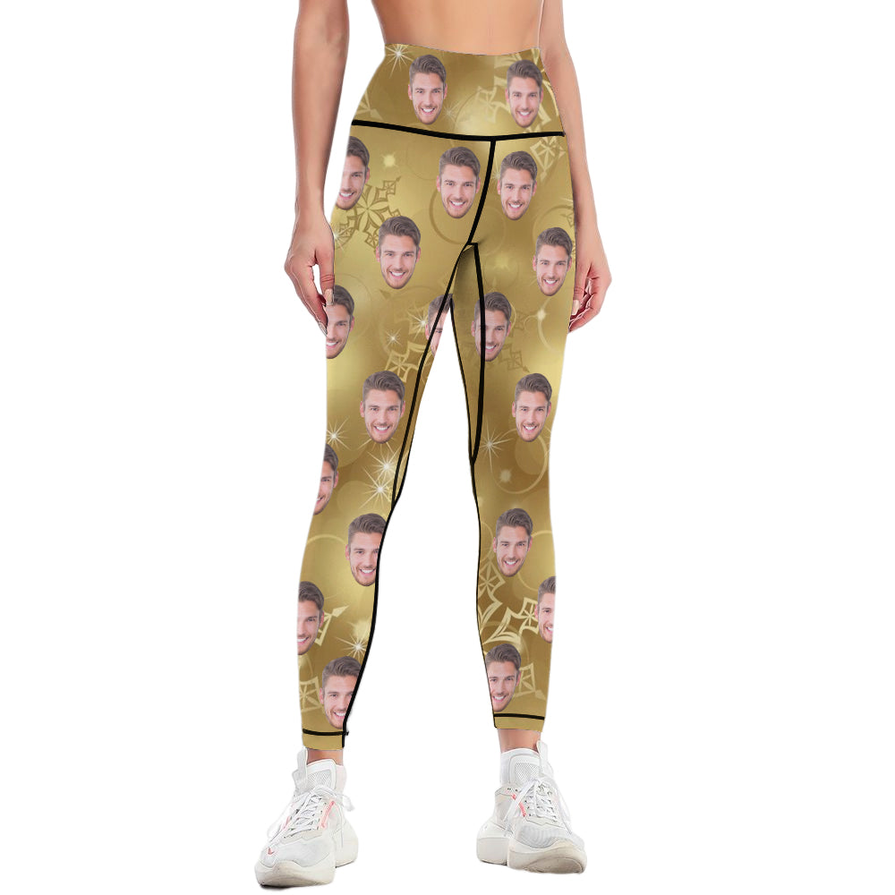 Custom Leggings Yoga Pants Personalized Photo Legging for Woman Christmas Gifts Golden Snowflake