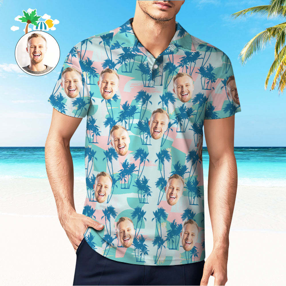 Custom Men's Face Polo Shirt Golf Summer Polo Shirt Blue Palm Tree - SantaSocks