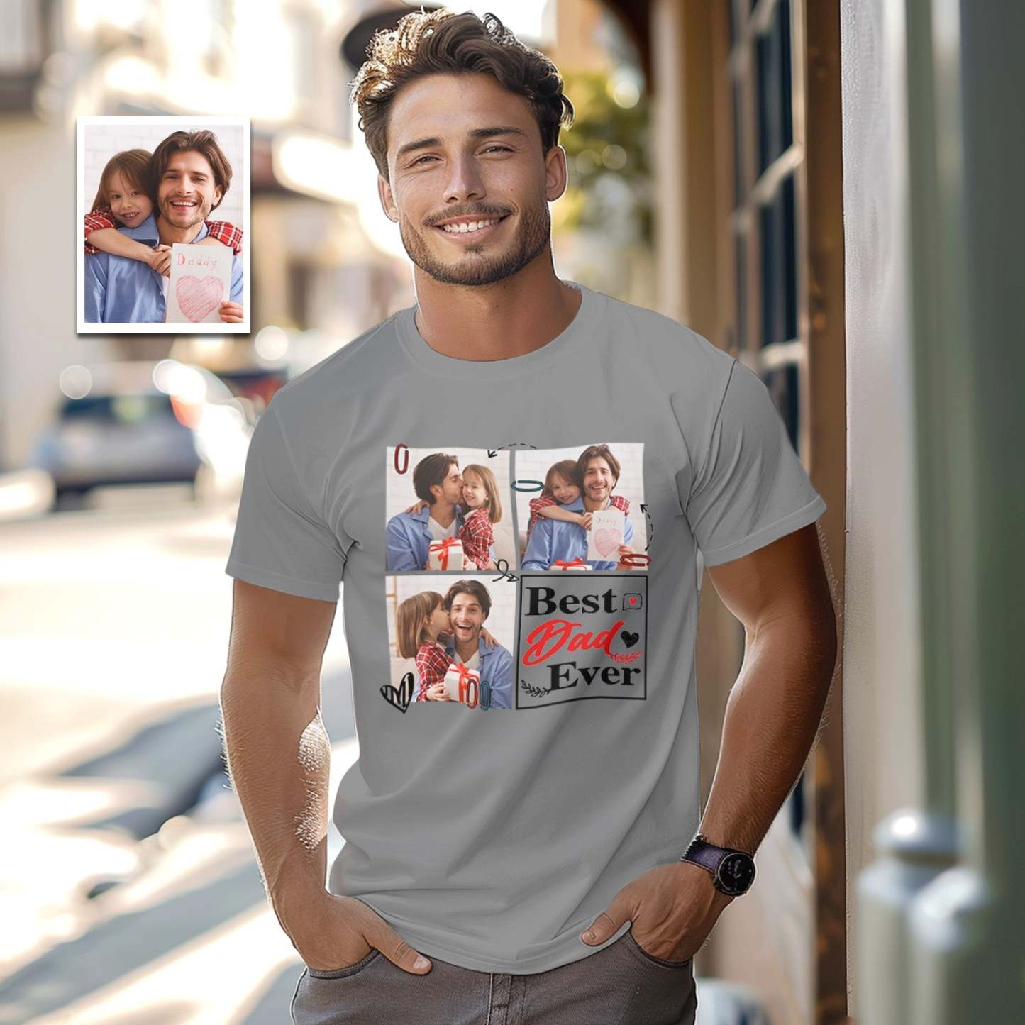 Custom 3 Photos T-Shirt Personalized Photo Men's T-Shirt Best Dad Ever Father's Day Gift Family T-Shirt - SantaSocks