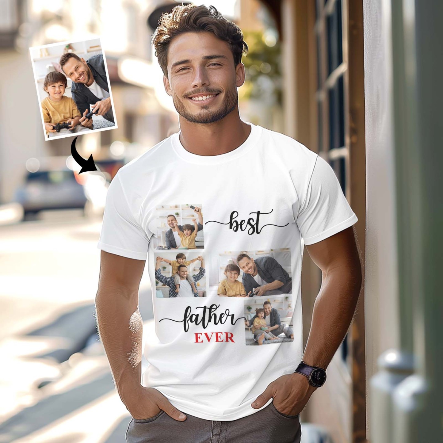 Custom 4 Photos T-Shirt Personalized Photo T-Shirt Best Father Ever Father's Day Gift Family T-Shirt - SantaSocks