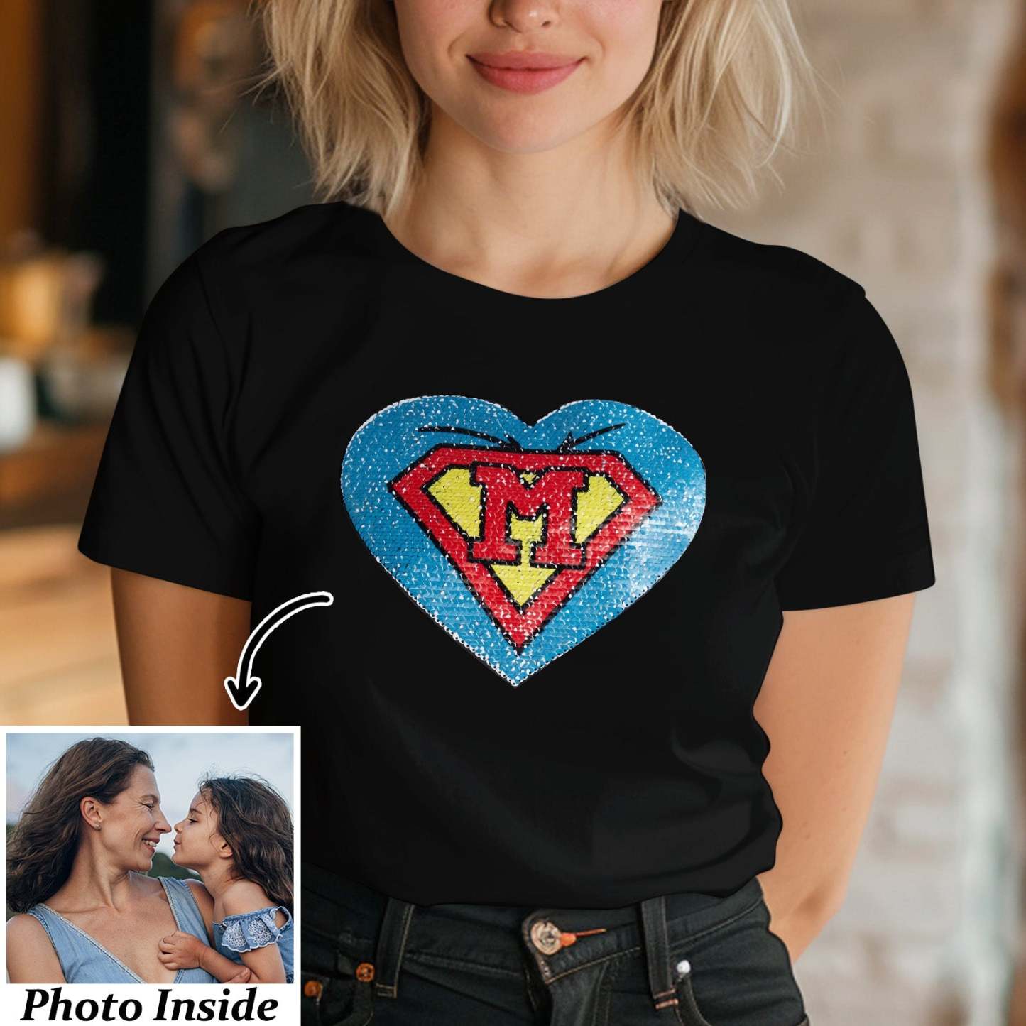 Custom Photo Heart Flip Double Sided Sequin T-shirt Personalized Picture Sequin Tee Mother's Day Gifts - SantaSocks