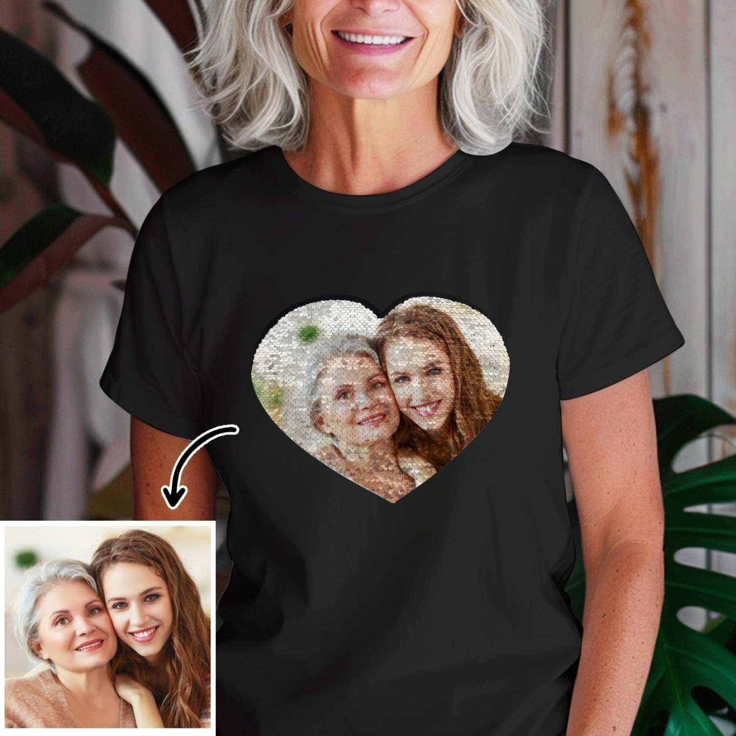 Custom Photo Heart Flip Double Sided Sequin T-shirt Personalized Picture Sequin Tee Mother's Day Gifts - SantaSocks
