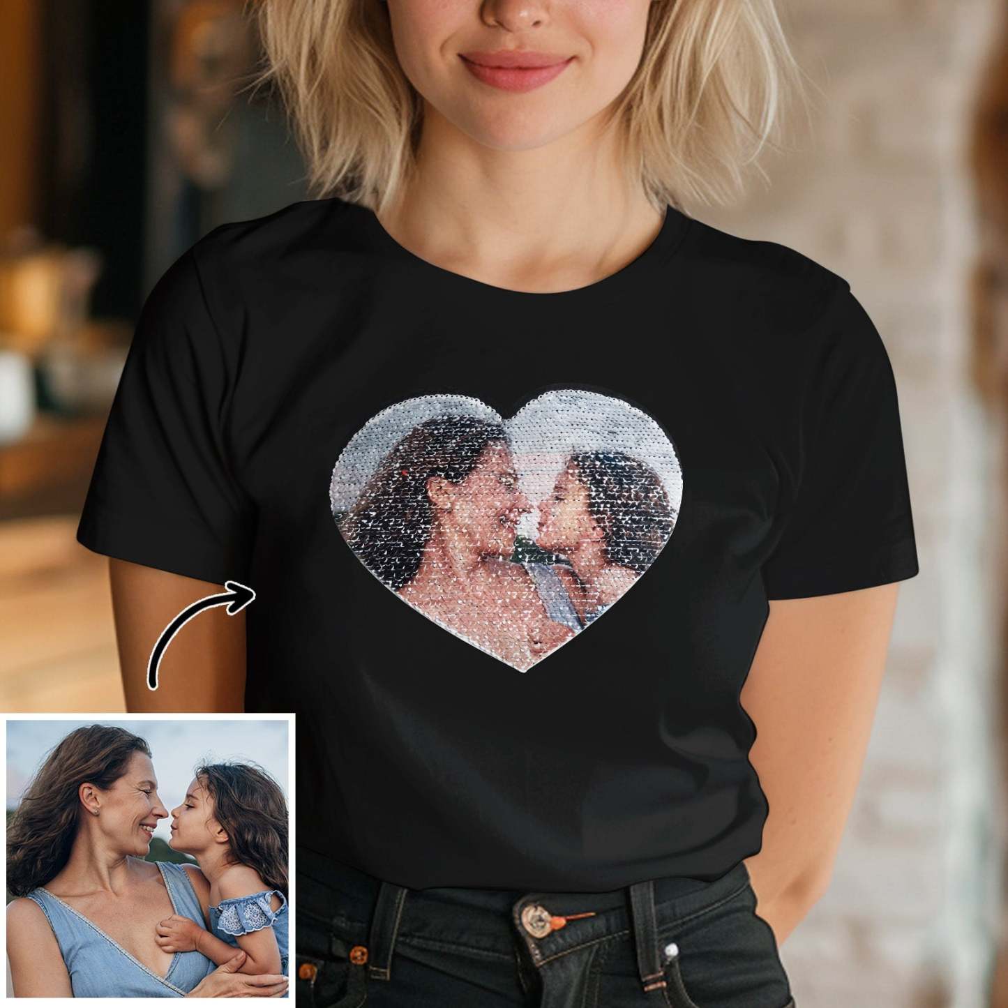 Custom Photo Heart Flip Double Sided Sequin T-shirt Personalized Picture Sequin Tee Mother's Day Gifts - SantaSocks