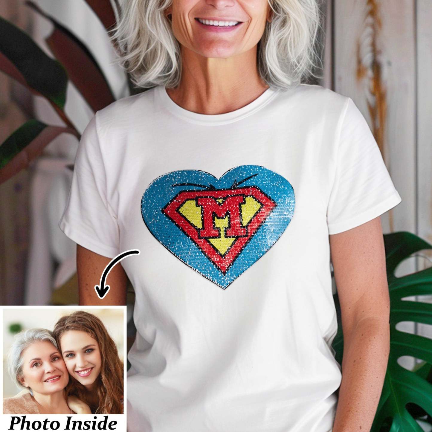 Custom Photo Heart Flip Double Sided Sequin T-shirt Personalized Picture Sequin Tee Mother's Day Gifts - SantaSocks