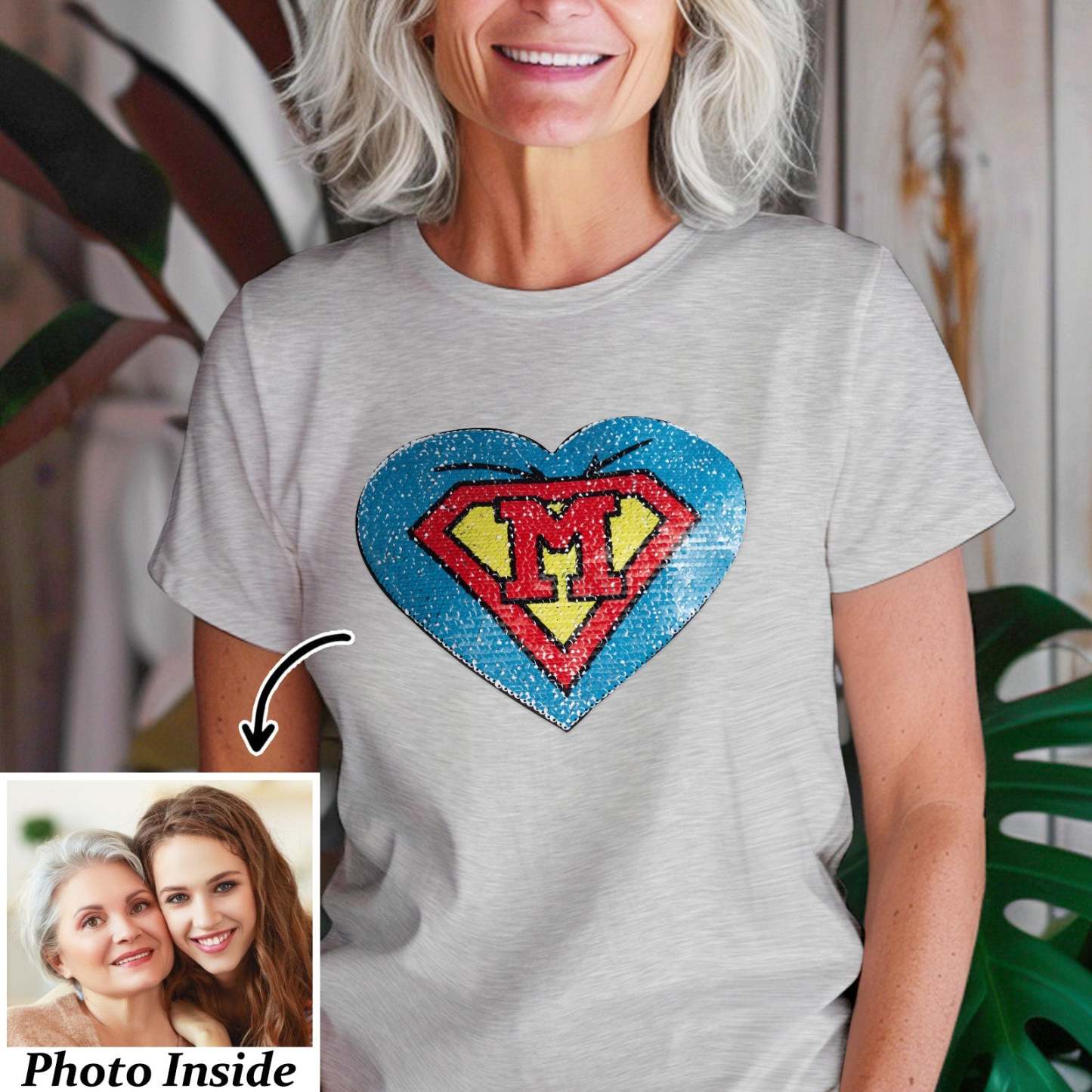 Custom Photo Heart Flip Double Sided Sequin T-shirt Personalized Picture Sequin Tee Mother's Day Gifts - SantaSocks
