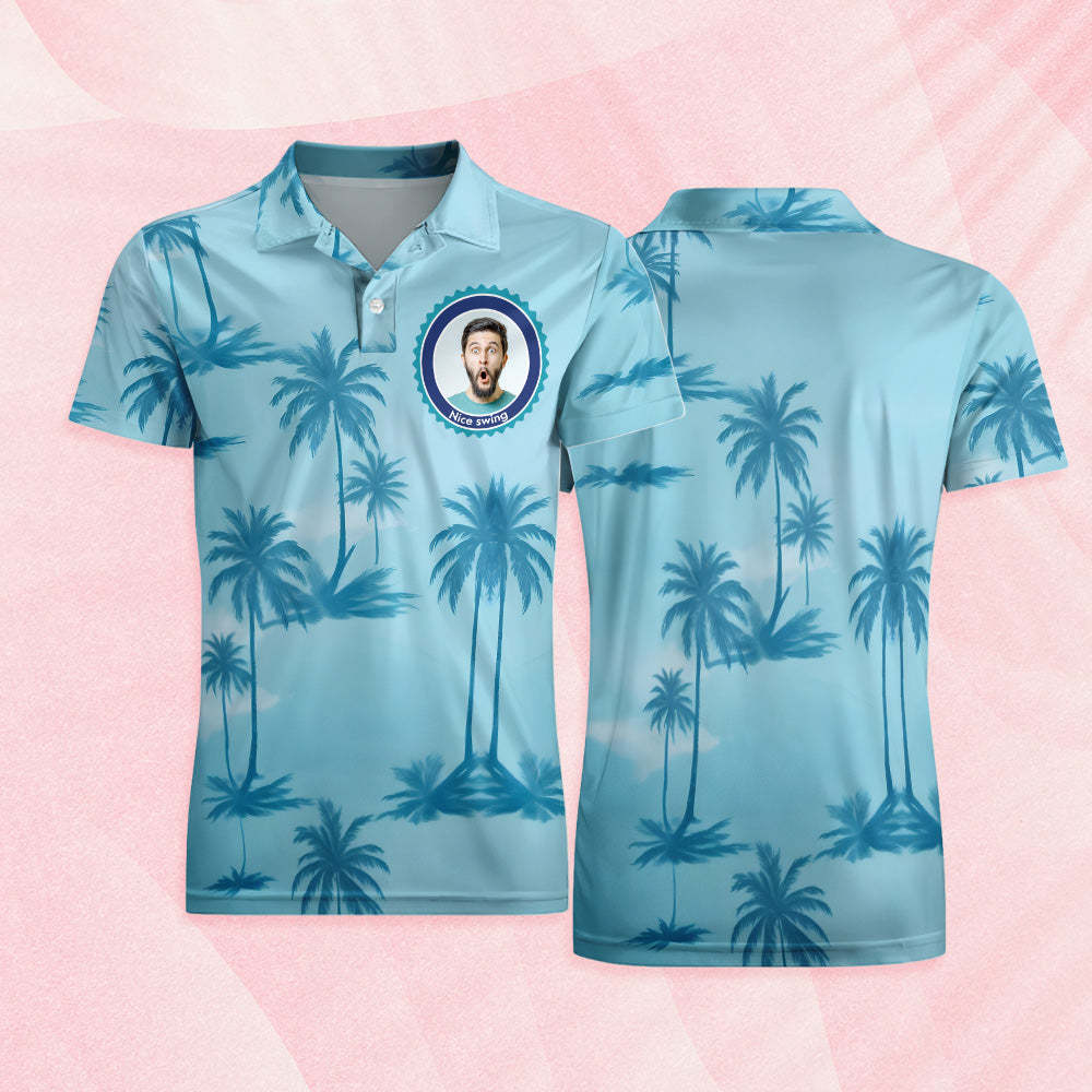 Custom Face Polo Shirt Personalized Blue Coconut Tree Polo Shirt
