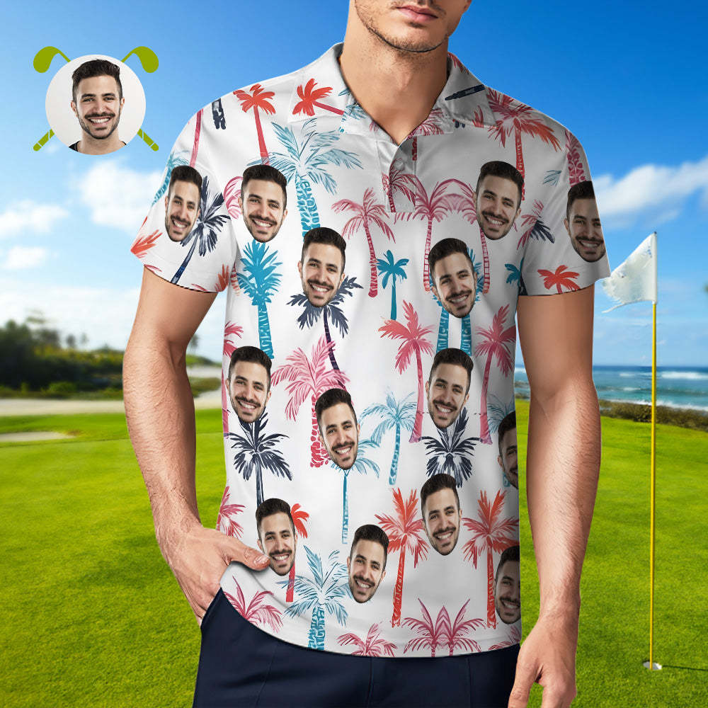 Custom Men's Hawaiian Face Polo Shirt Multicolor Coconut Tree Polo Shirt