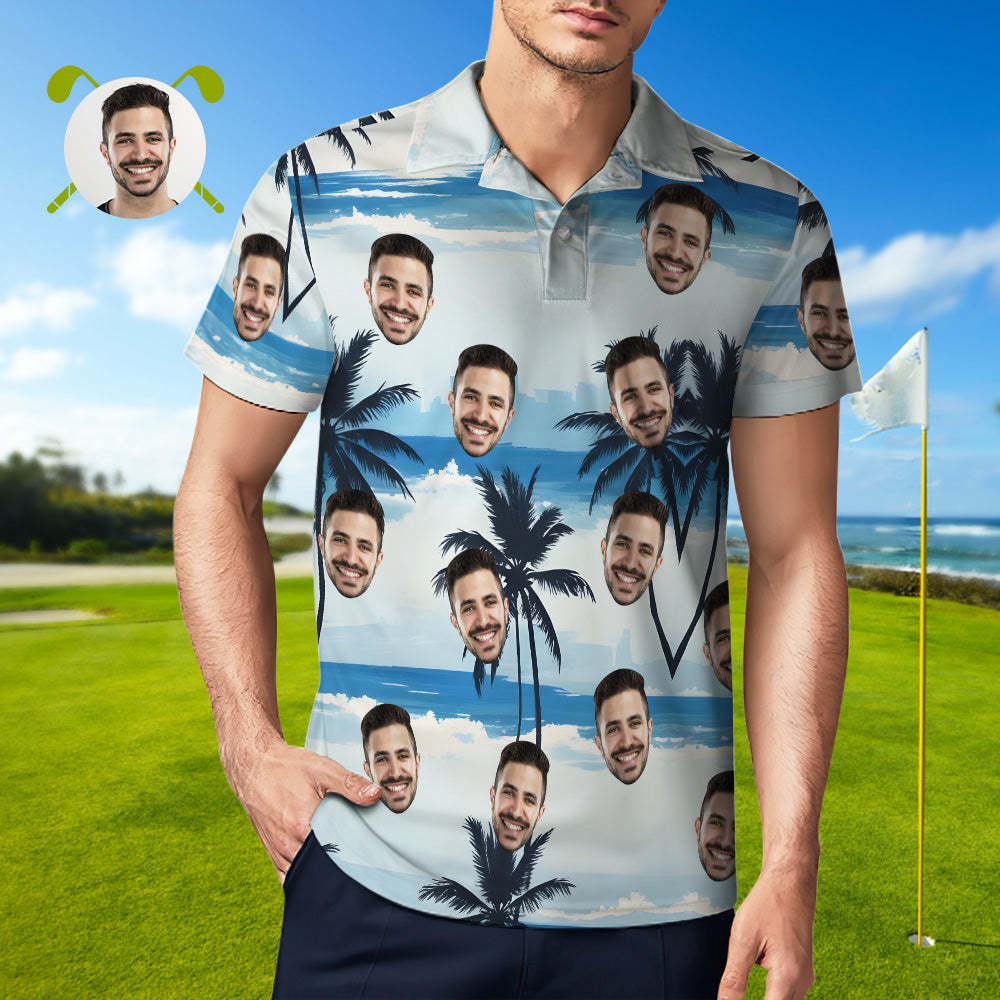 Custom Men's Face Polo Shirt Blue Sea And Coconut Tree Face Polo Shirt