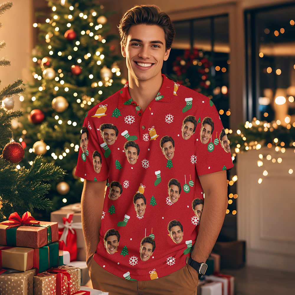 Custom Face Polo Shirt Red Christmas Stocking Bell Polo Shirt Face Polo Gift