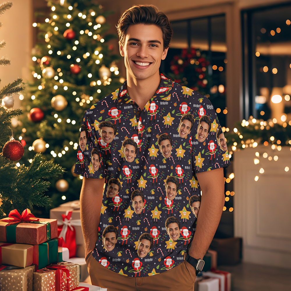 Custom Face Polo Shirt Red Christmas Stocking Bell Polo Shirt Face Polo Gift