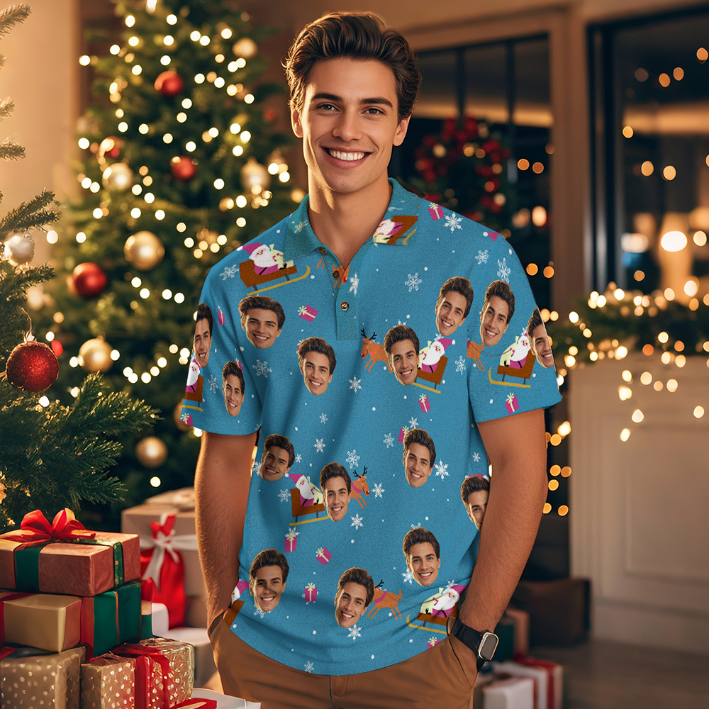 Custom Face Polo Shirt  Santa Claus Blue Christmas Polo Shirt Gift For Him