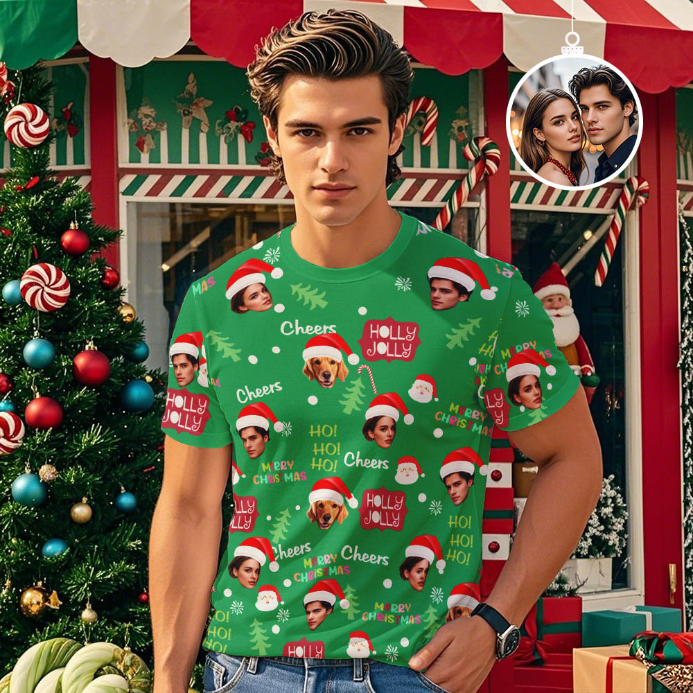 Custom Face T-shirts Christmas Green T-shirts Optional Custom Face Santa T-shirts