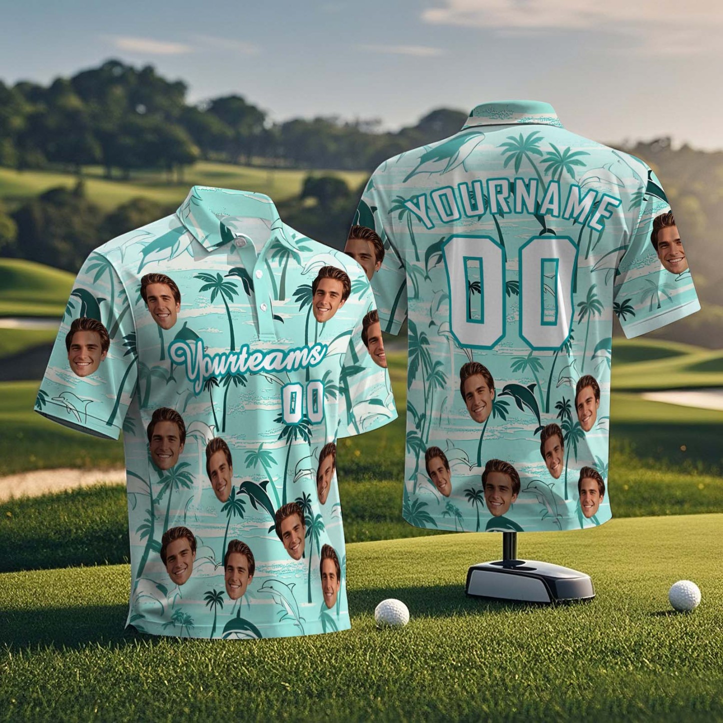 Custom Face Polo Teal White Hawaii Palm Trees Performance Golf Polo Shirt Gift