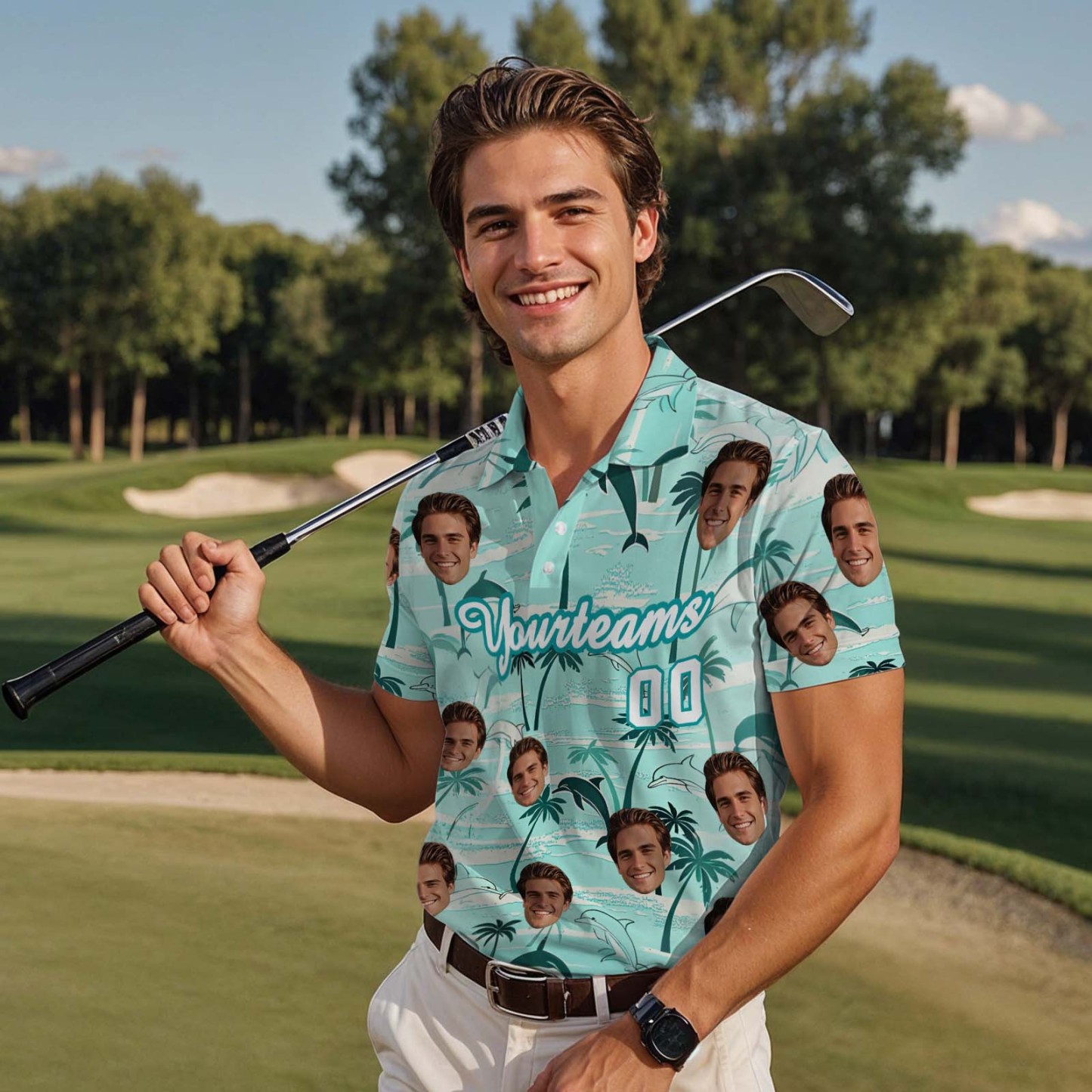 Custom Face Polo Teal White Hawaii Palm Trees Performance Golf Polo Shirt Gift