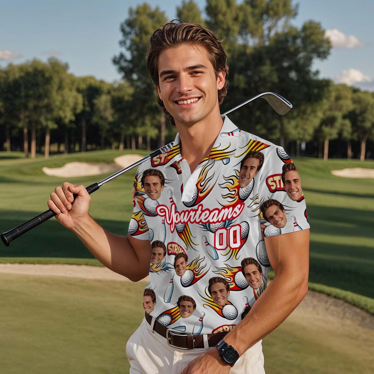Custom Face Polo Teal White Hawaii Palm Trees Performance Golf Polo Shirt Gift