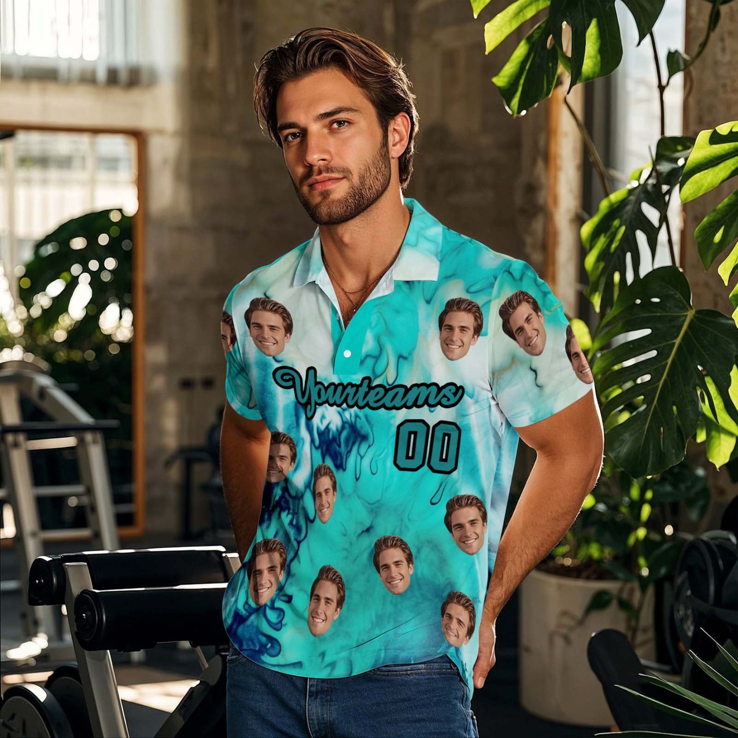 Custom Face Polo Teal White Hawaii Palm Trees Performance Golf Polo Shirt Gift
