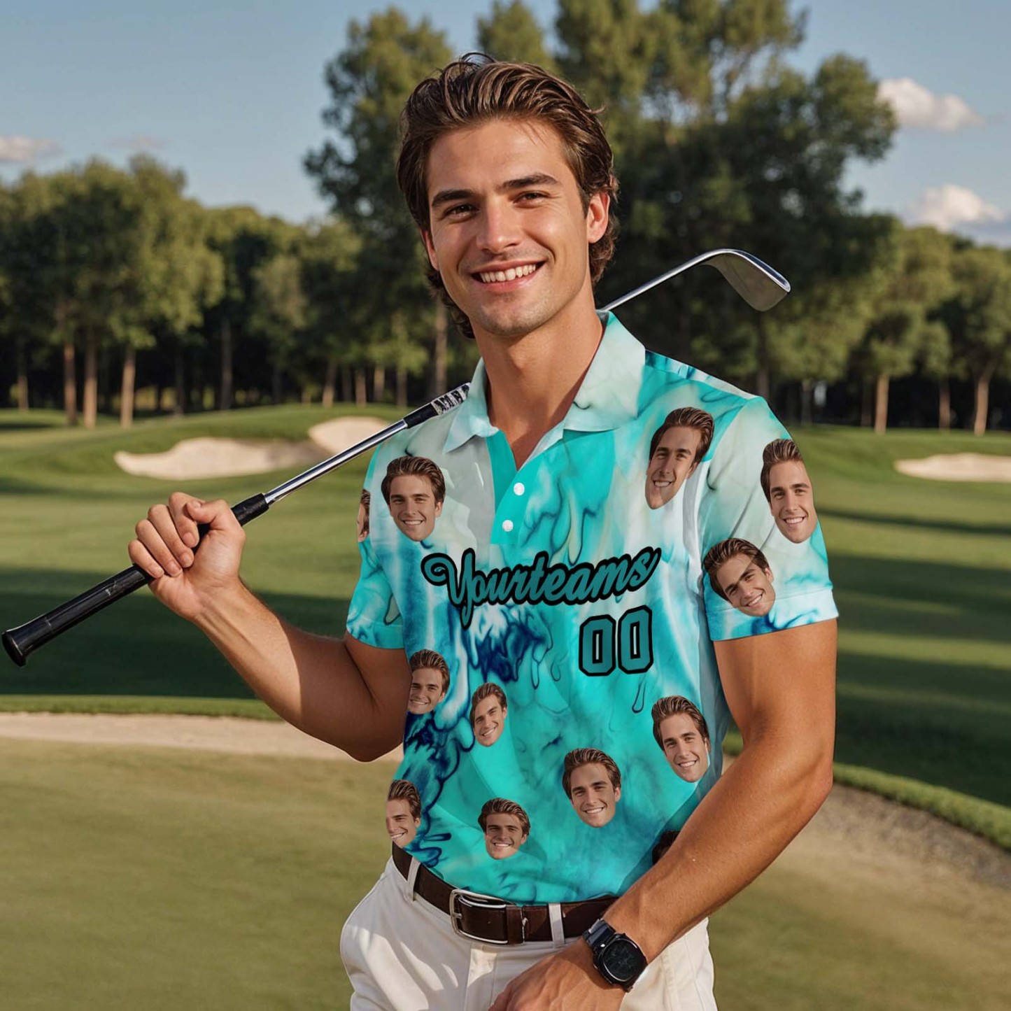 Custom Face Polo Teal White Hawaii Palm Trees Performance Golf Polo Shirt Gift