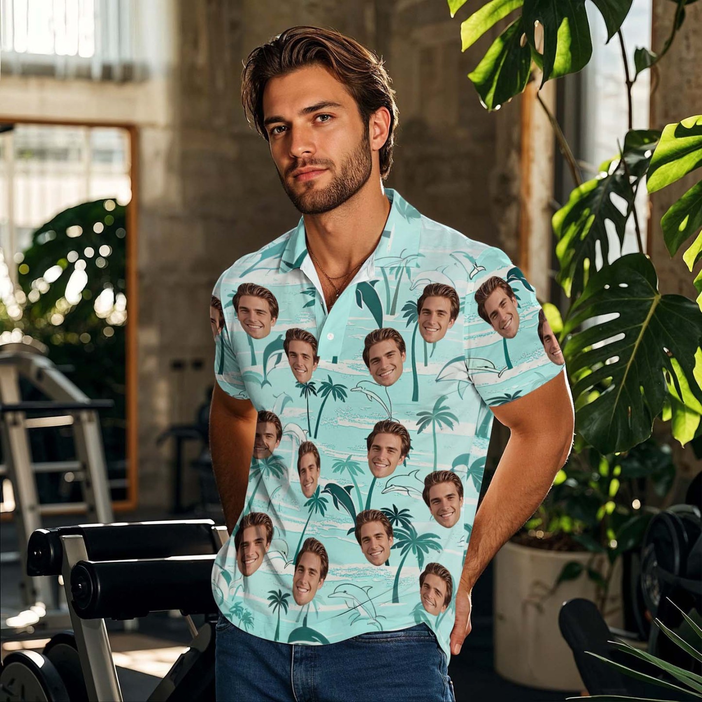 Custom Face Polo Teal White Hawaii Palm Trees Performance Golf Polo Shirt Gift