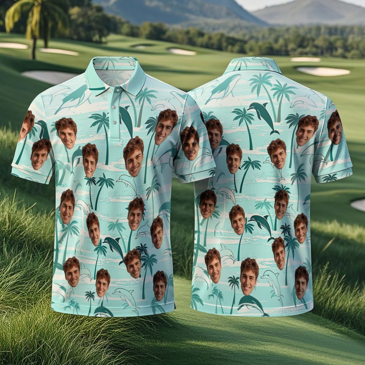 Custom Face Polo Teal White Hawaii Palm Trees Performance Golf Polo Shirt Gift