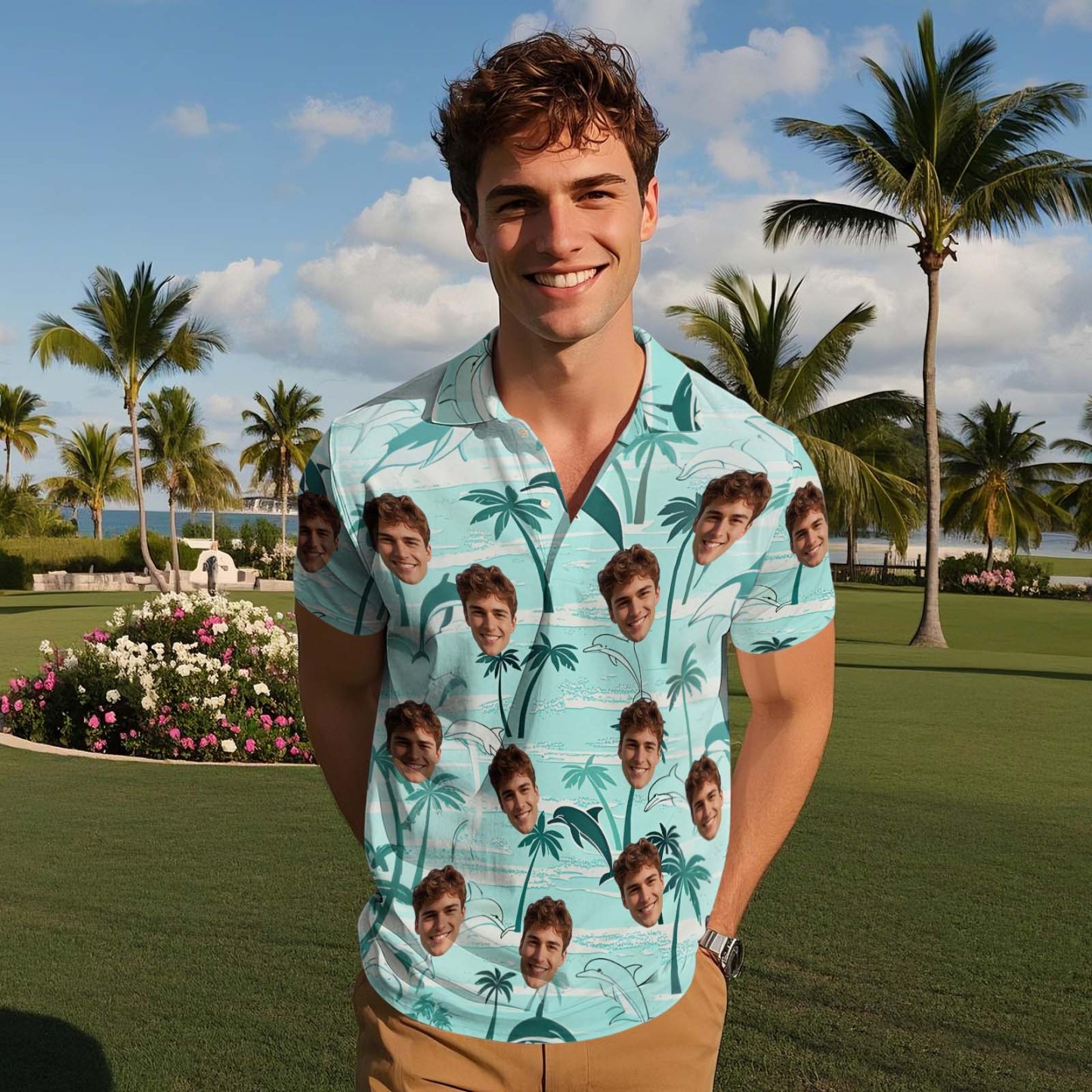 Custom Face Polo Teal White Hawaii Palm Trees Performance Golf Polo Shirt Gift