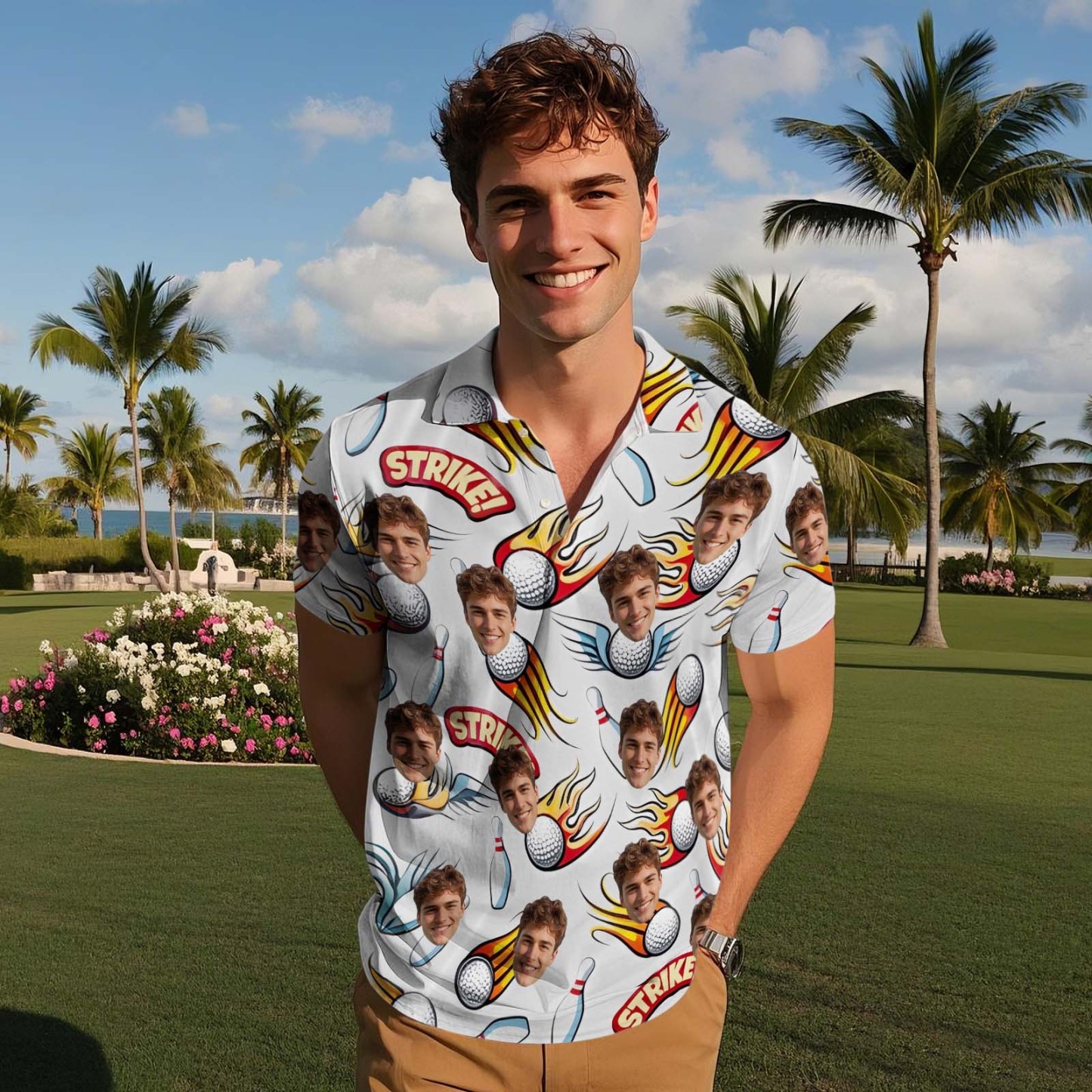 Custom Face Polo Teal White Hawaii Palm Trees Performance Golf Polo Shirt Gift