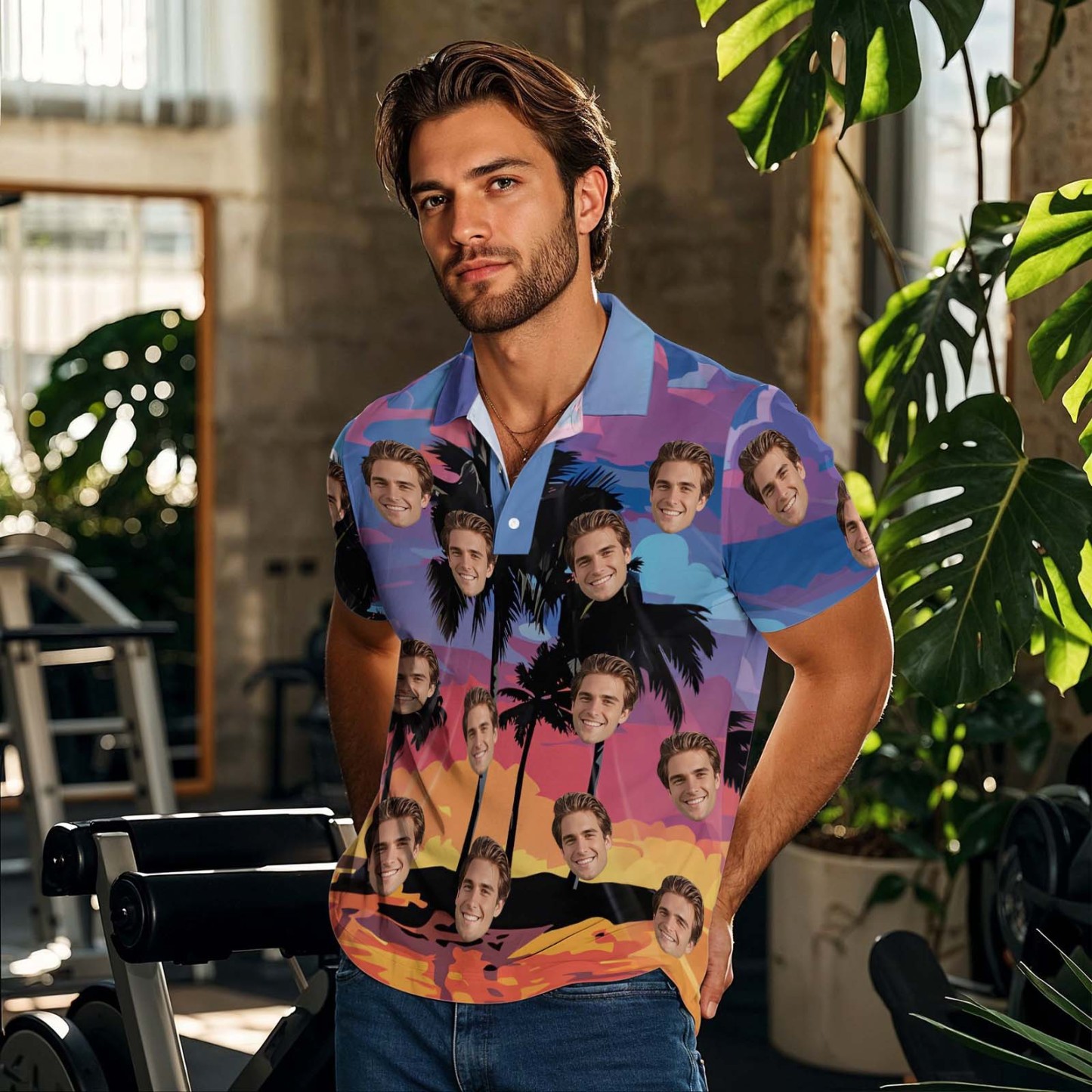 Custom Face Polo Teal White Hawaii Palm Trees Performance Golf Polo Shirt Gift