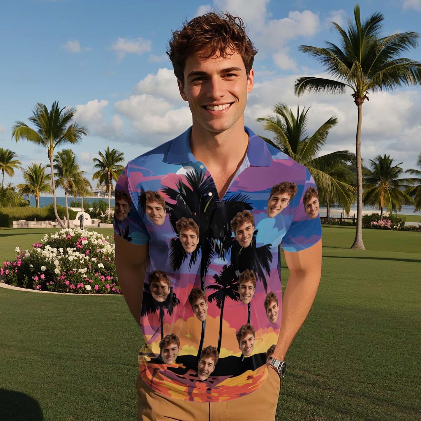 Custom Face Polo Teal White Hawaii Palm Trees Performance Golf Polo Shirt Gift