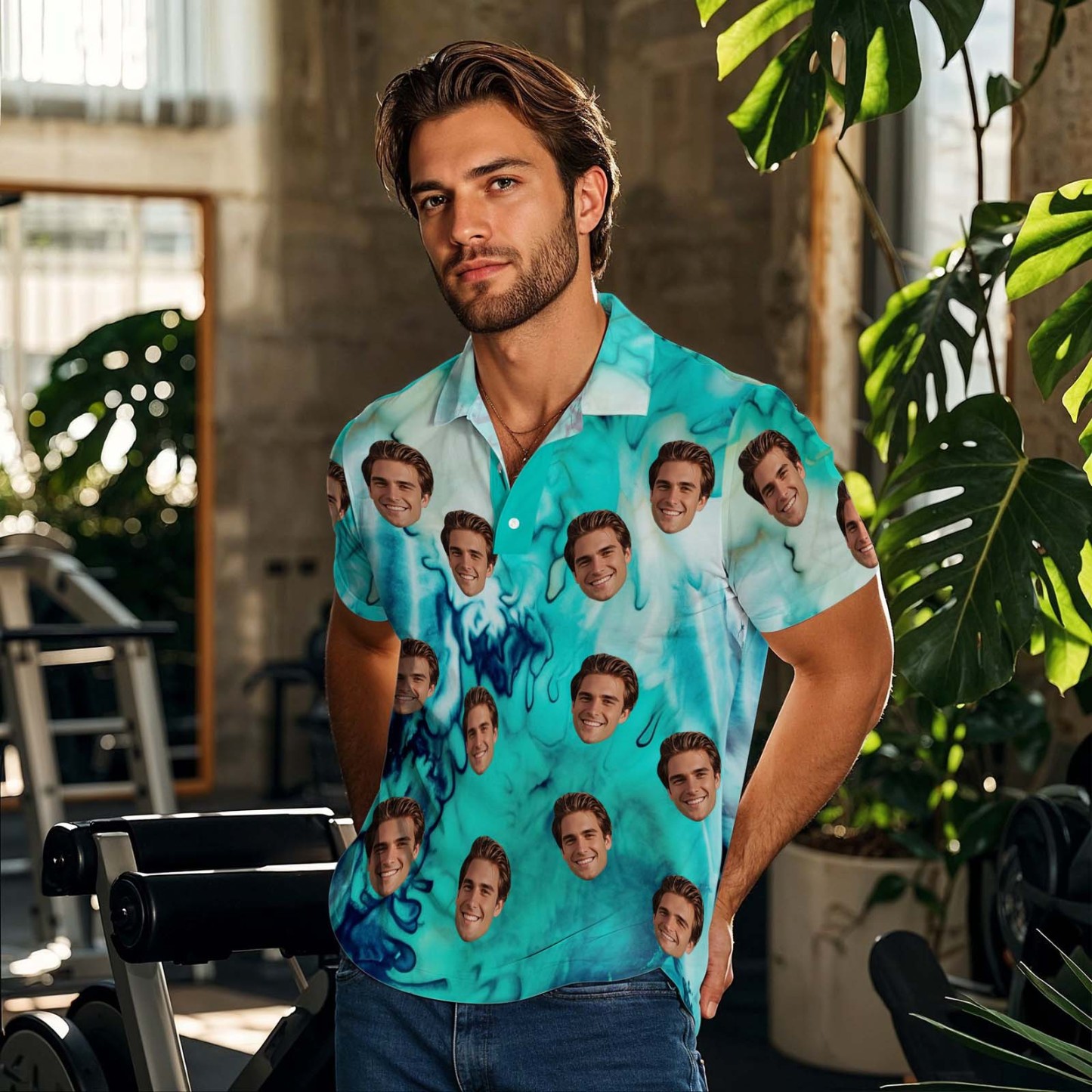 Custom Face Polo Teal White Hawaii Palm Trees Performance Golf Polo Shirt Gift