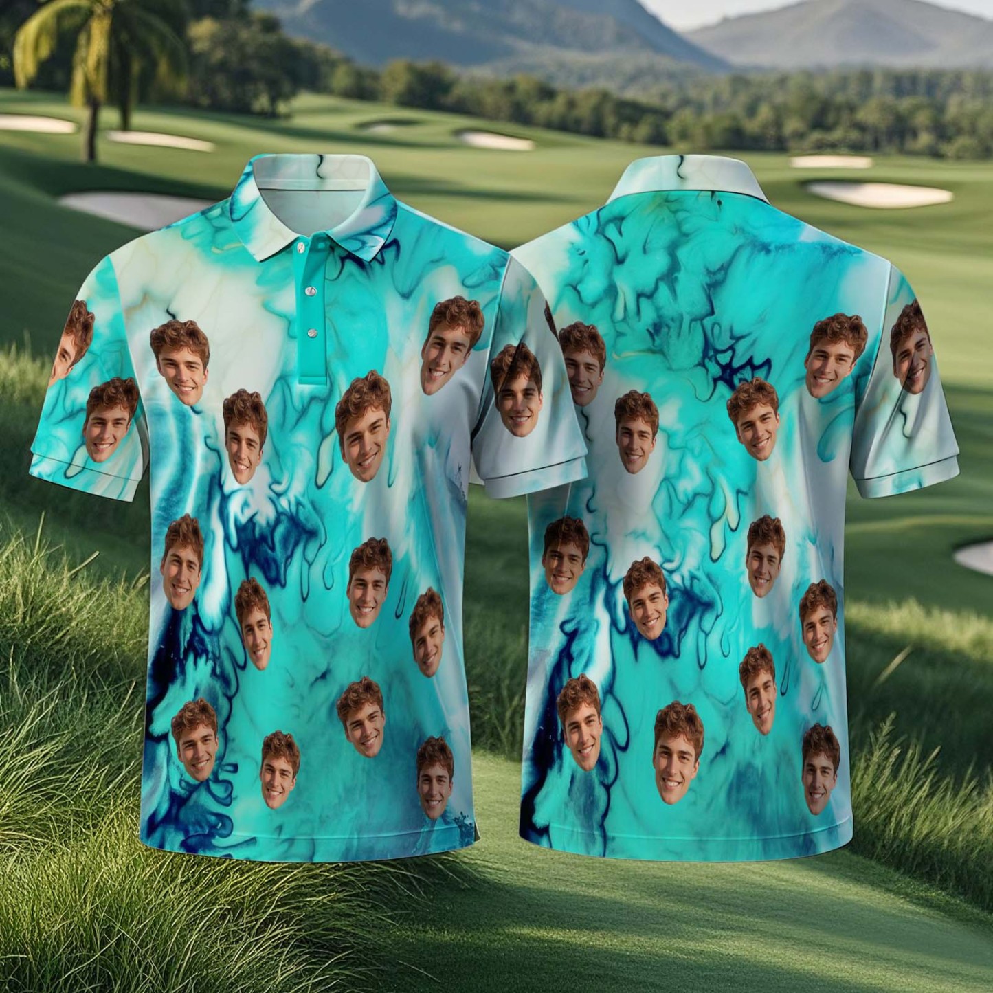 Custom Face Polo Teal White Hawaii Palm Trees Performance Golf Polo Shirt Gift