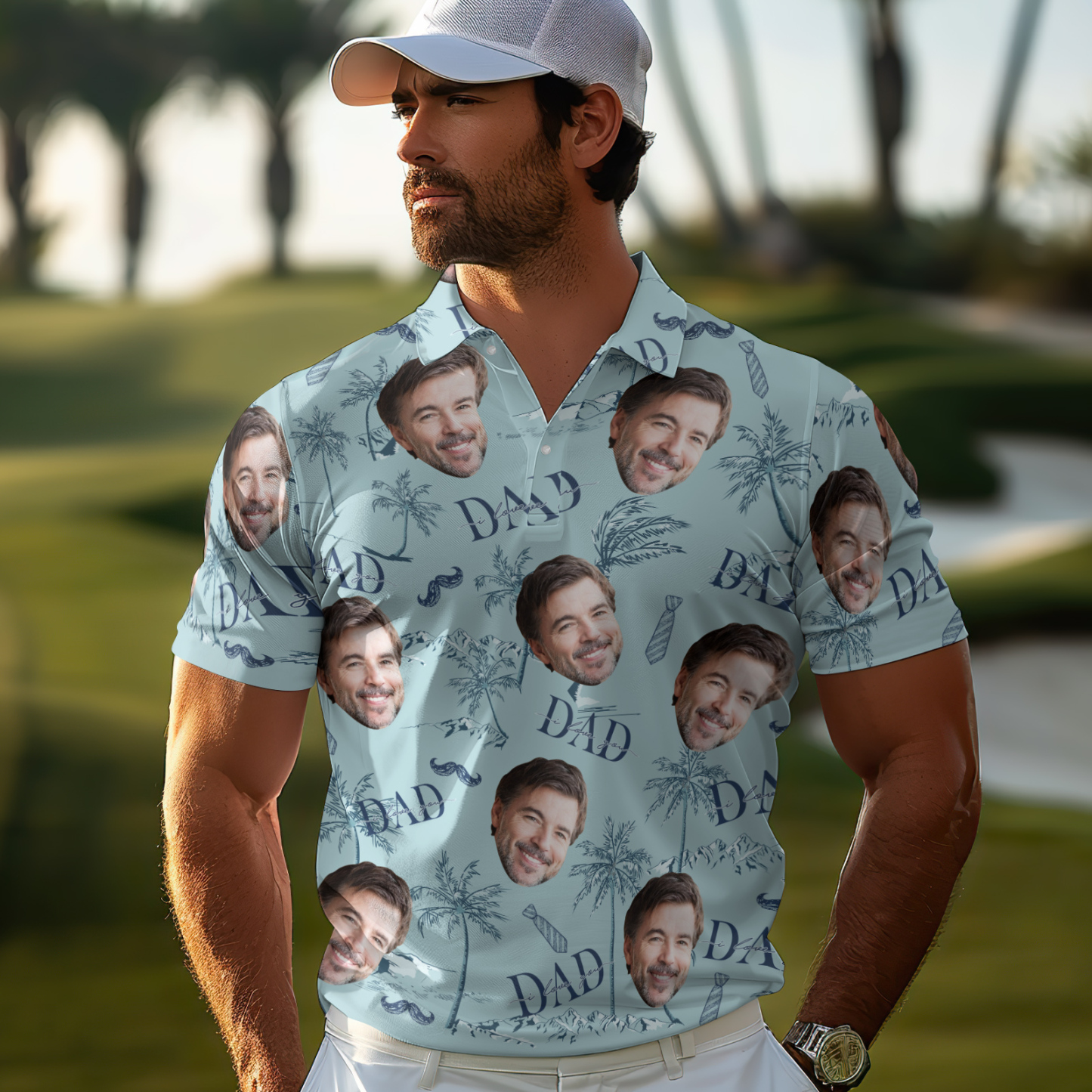 Custom Face Polo Hawaiian Blue Golf Polo Shirt Dad Beard Men's Polo Shirt Fathers Day Gift
