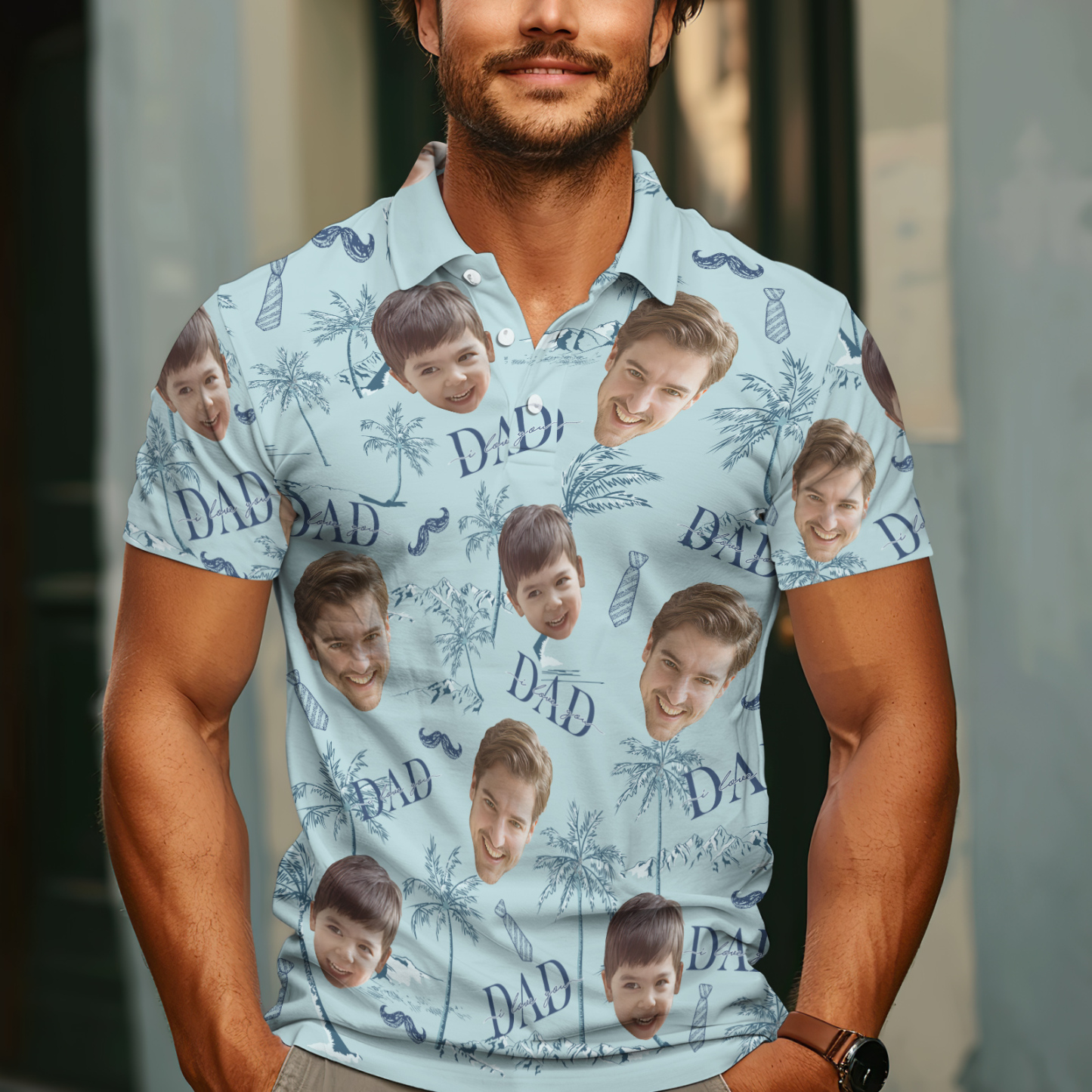 Custom Face Polo Hawaiian Blue Golf Polo Shirt Dad Beard Men's Polo Shirt Fathers Day Gift