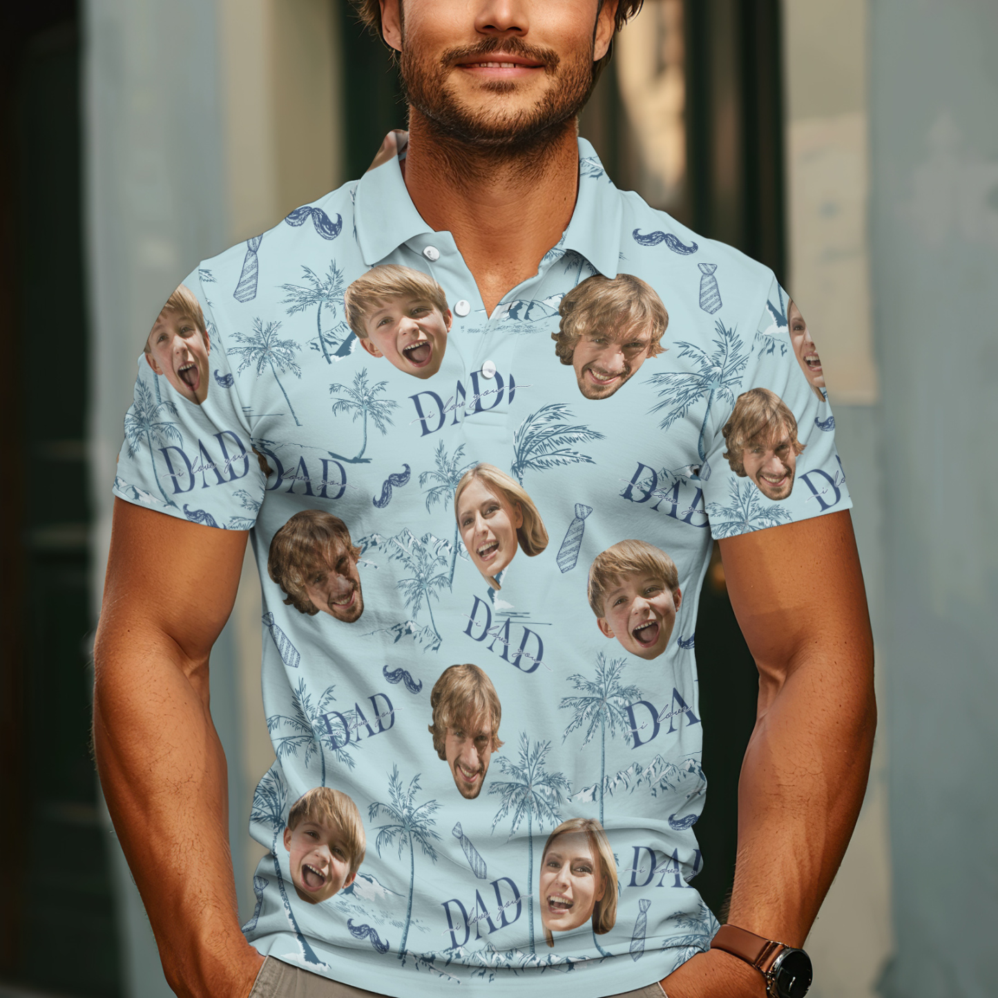Custom Face Polo Hawaiian Blue Golf Polo Shirt Dad Beard Men's Polo Shirt Fathers Day Gift