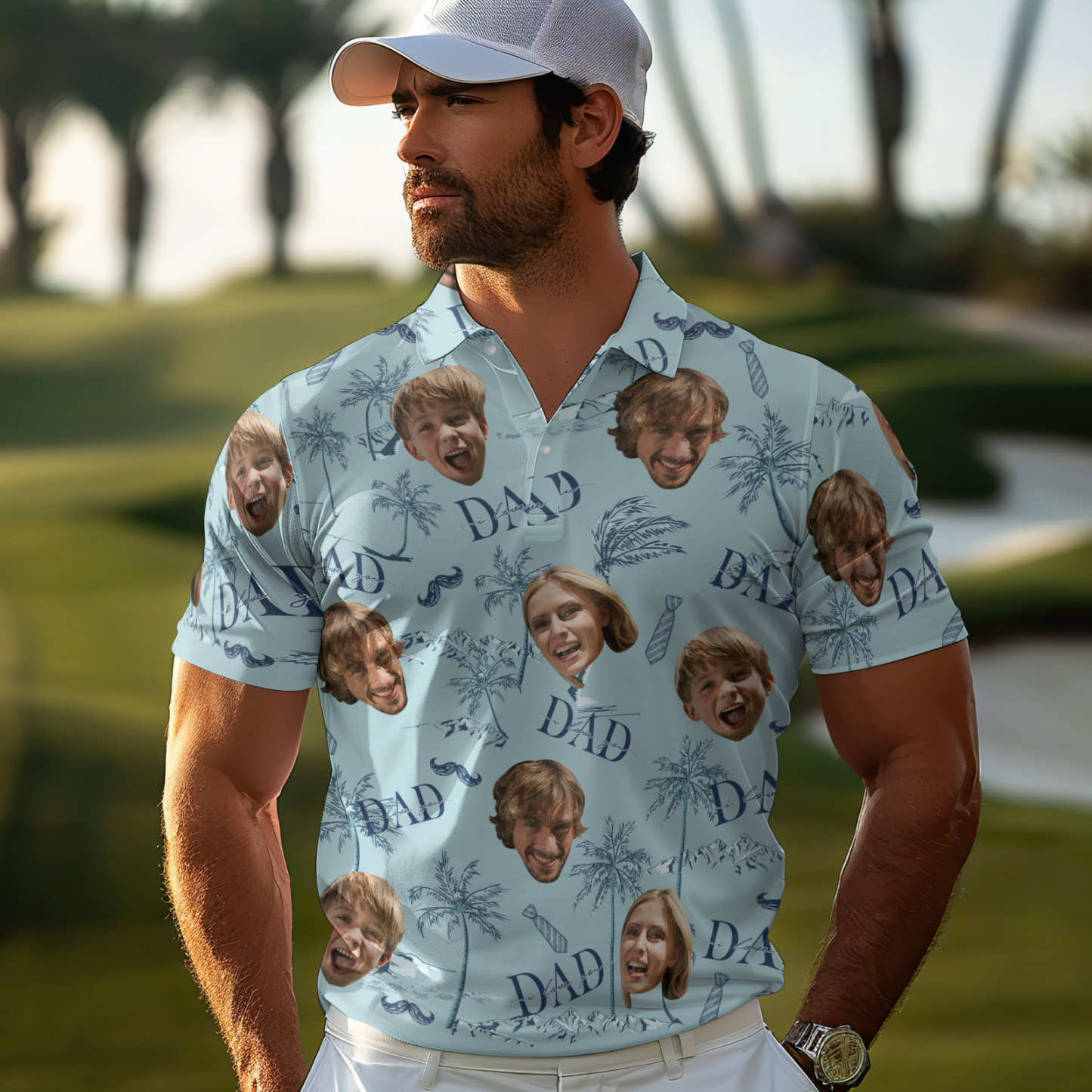 Custom Face Polo Hawaiian Blue Golf Polo Shirt Dad Beard Men's Polo Shirt Fathers Day Gift