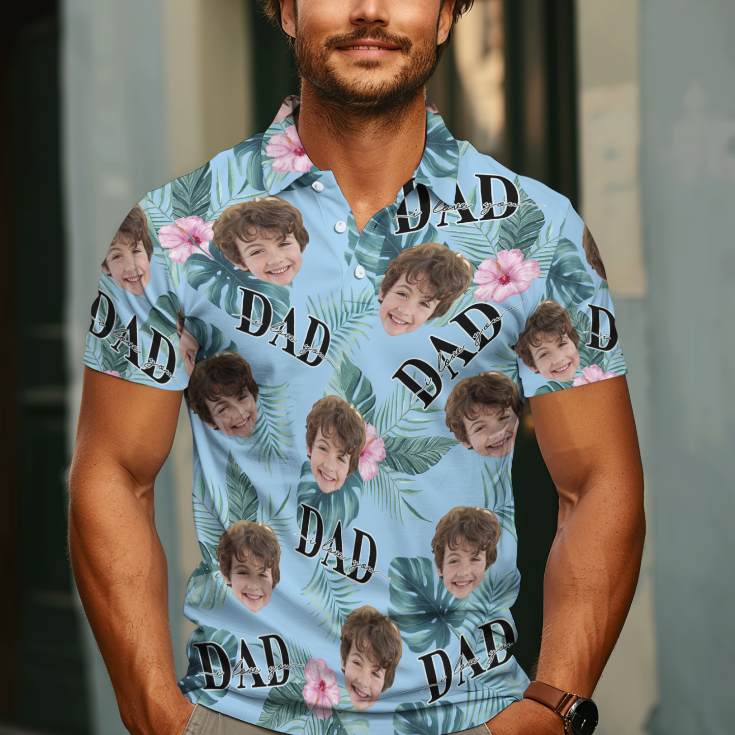 Custom Face Polo Hawaiian Blue Golf Polo Shirt Dad Beard Men's Polo Shirt Fathers Day Gift