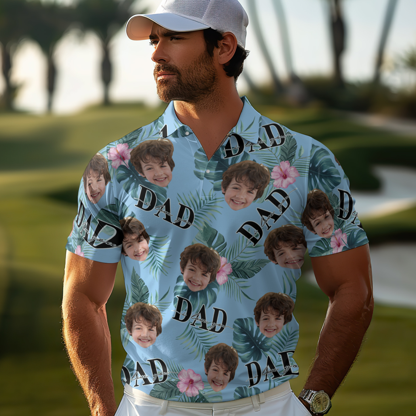Custom Face Polo Hawaiian Blue Golf Polo Shirt Dad Beard Men's Polo Shirt Fathers Day Gift