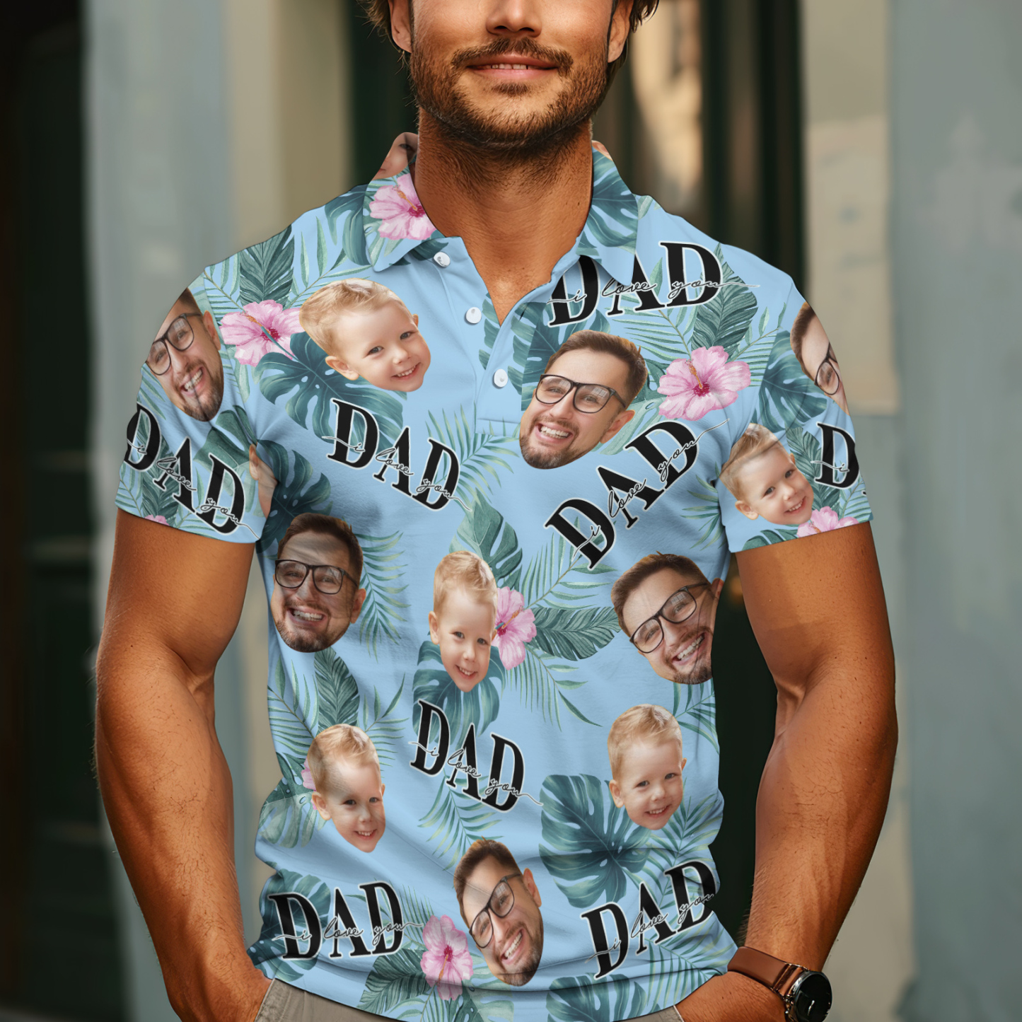 Custom Face Polo Hawaiian Blue Golf Polo Shirt Dad Beard Men's Polo Shirt Fathers Day Gift