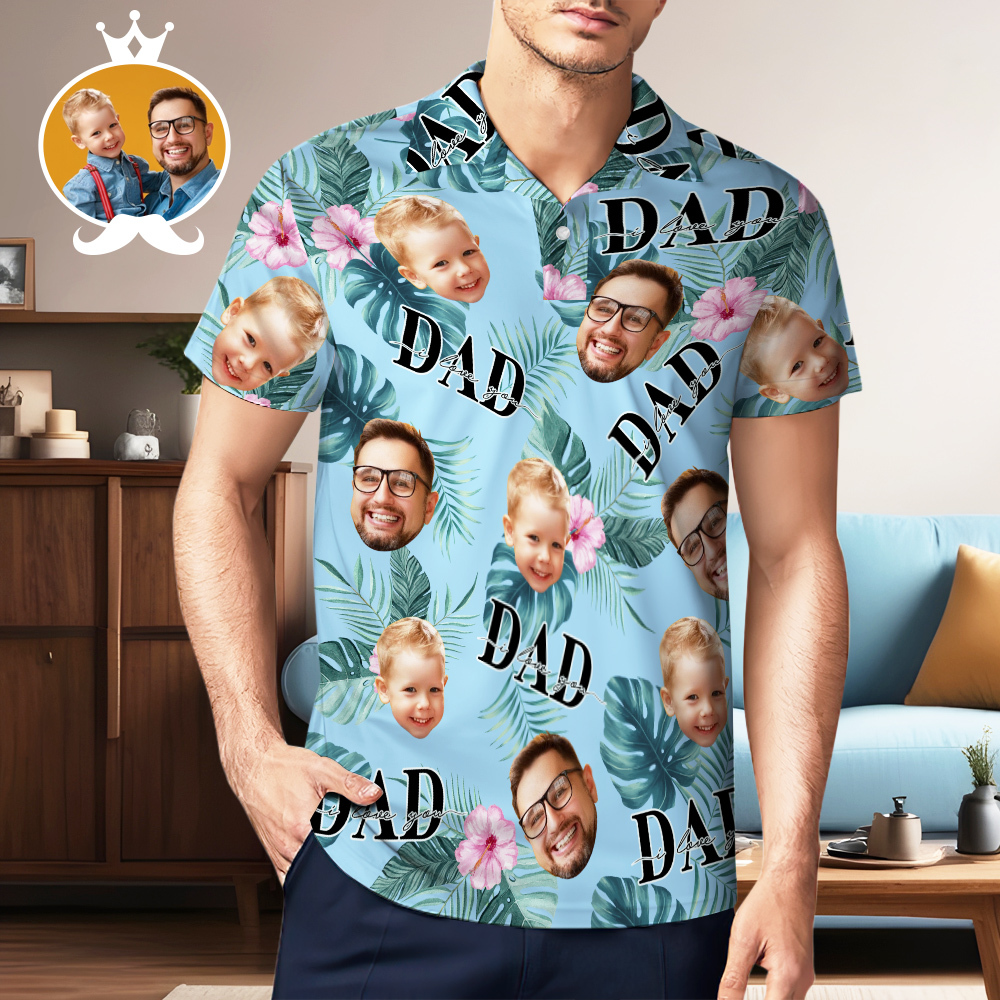 Custom Face Polo Hawaiian Blue Golf Polo Shirt Dad Beard Men's Polo Shirt Fathers Day Gift