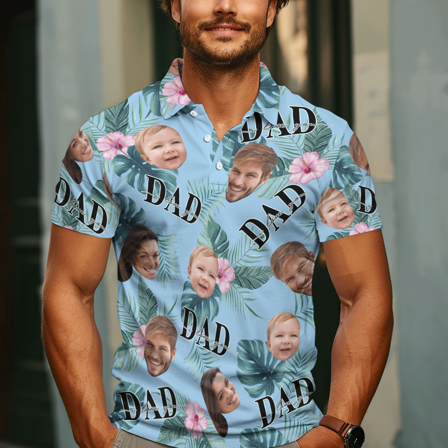 Custom Face Polo Hawaiian Blue Golf Polo Shirt Dad Beard Men's Polo Shirt Fathers Day Gift
