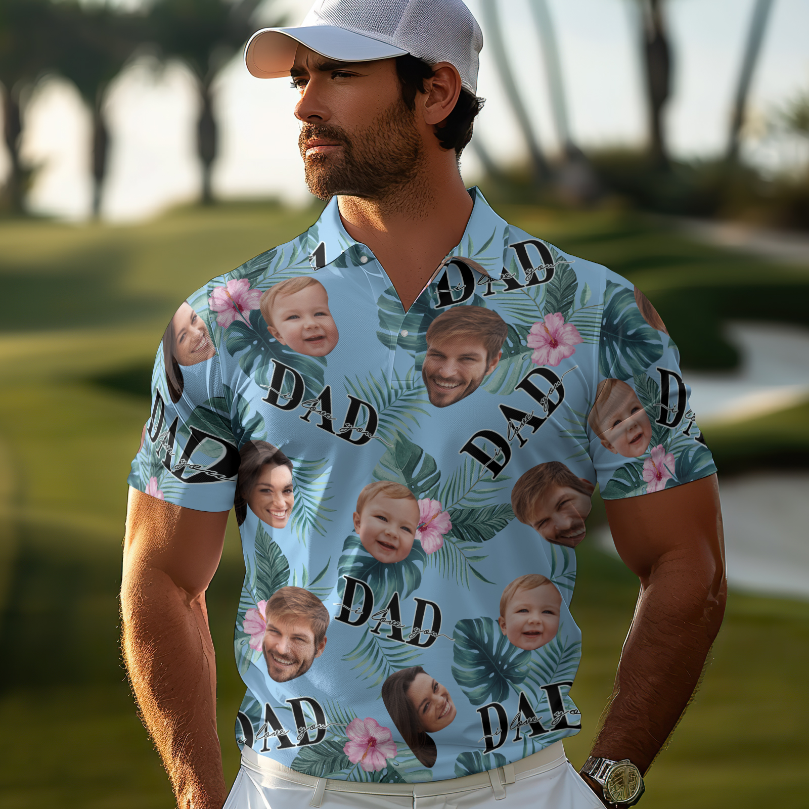 Custom Face Polo Hawaiian Blue Golf Polo Shirt Dad Beard Men's Polo Shirt Fathers Day Gift