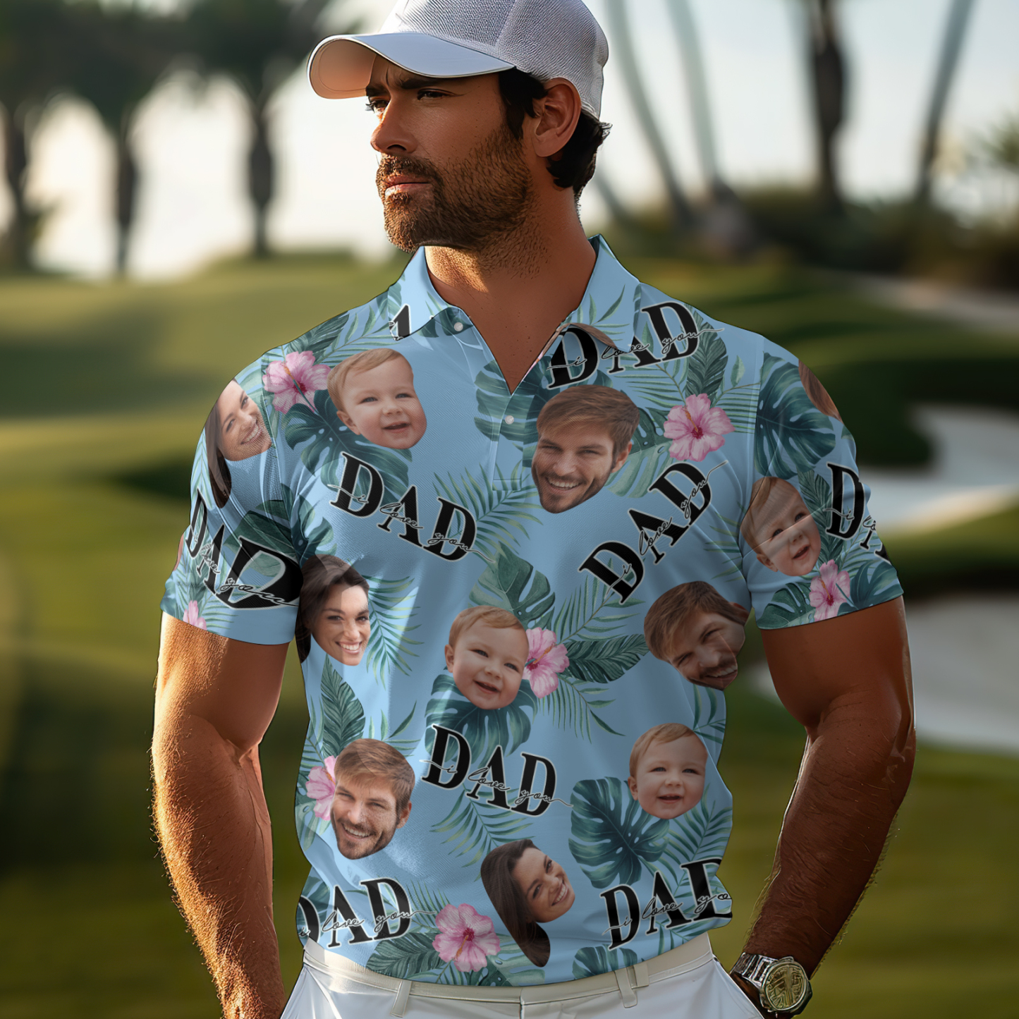 Custom Face Polo Hawaiian Blue Golf Polo Shirt Dad Beard Men's Polo Shirt Fathers Day Gift