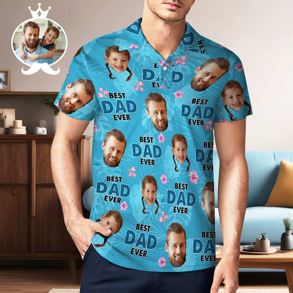 Custom Face Polo Hawaiian Blue Golf Polo Shirt Dad Beard Men's Polo Shirt Fathers Day Gift