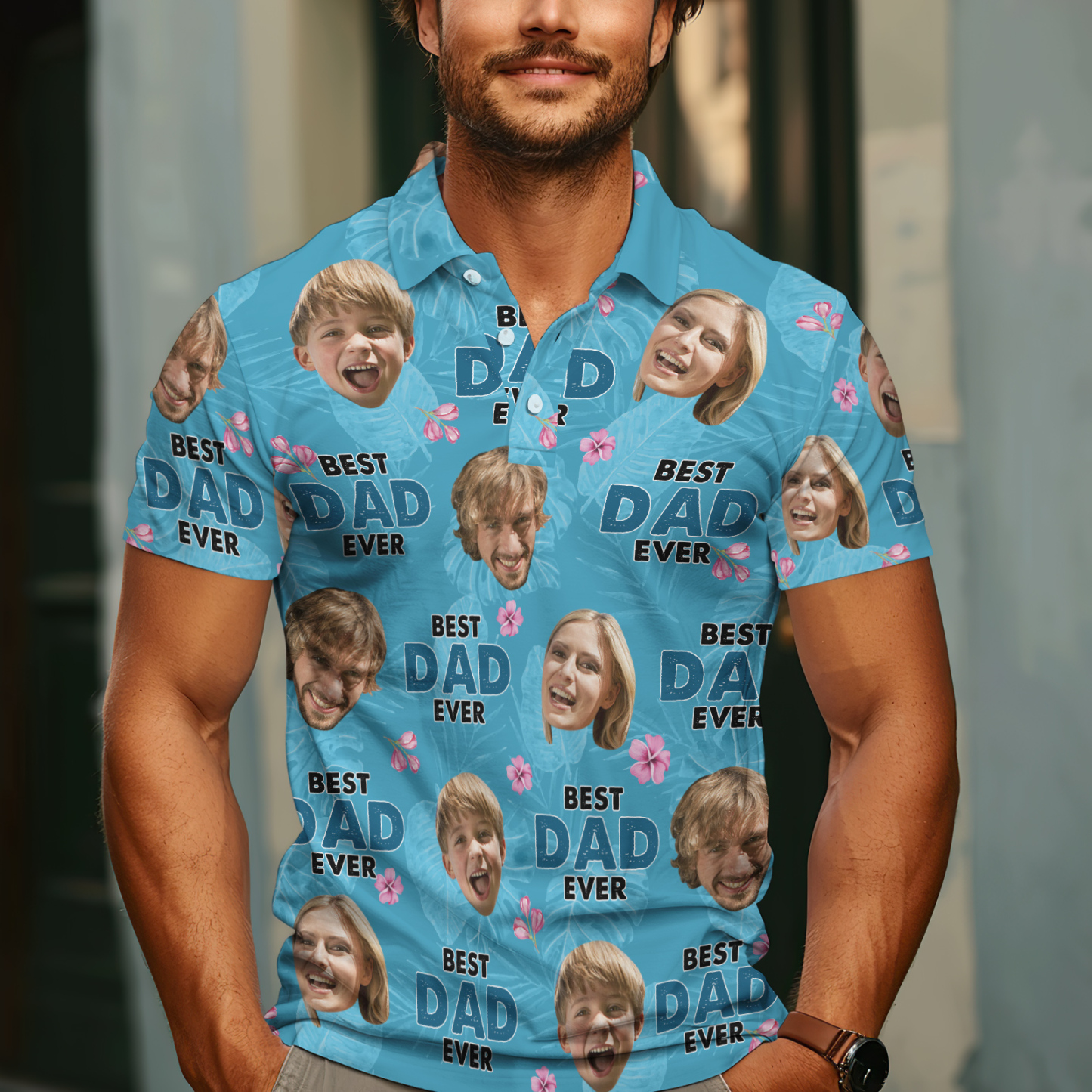 Custom Face Polo Hawaiian Blue Golf Polo Shirt Dad Beard Men's Polo Shirt Fathers Day Gift